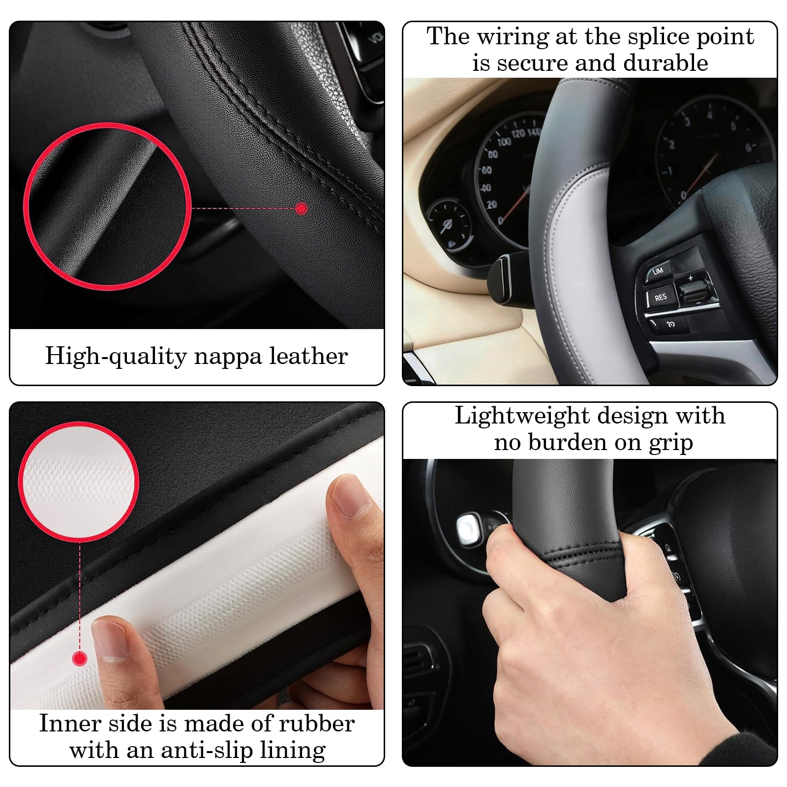 Funda gris para volante de automóvil, piel de napa, bloqueo de color inferior, universal, de 14.5 a 15 pulgadas, antideslizante, transpirable, para hombres y mujeres