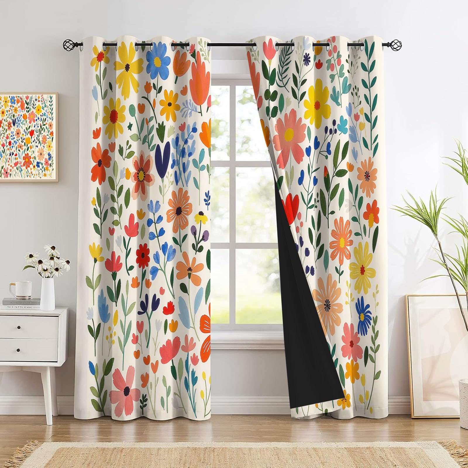 Handbemalte Blumen Blätter Vorhänge, Schöne Landschaft Vorhang Blickdicht Thermo Verdunkelungsvorhänge Mit Ösen - Beige Gardinen Wohnzimmer Schlafzimmer Fenster - H214 x B91.5 cm (2er Pack)