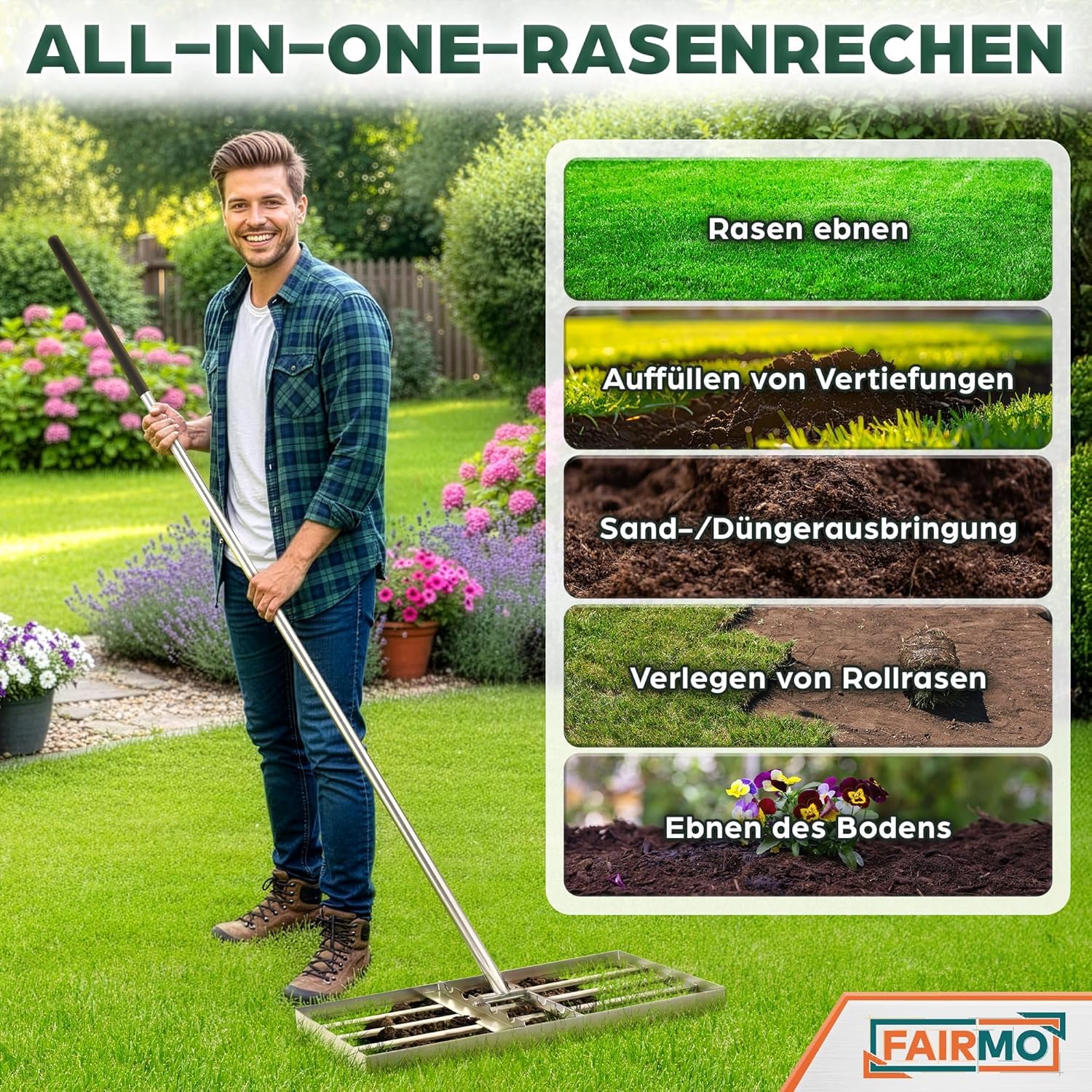 Rasenrechen Rasenrakel Edelstahl (75x35 cm) von Fairmo [für sattgrünen Rasen] - Rakel für Rasen inkl. 2 Meter Stiel - Rasenpflege mit Nivellierrechen - Rasenrechen breit Sanden