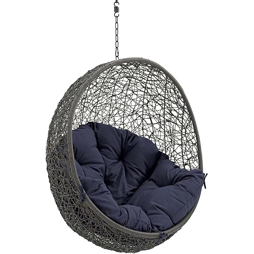 Modway Hide Wicker Rattan Outdoor Patio Swing Chair with Hanging Steel Chain in Gray Navy