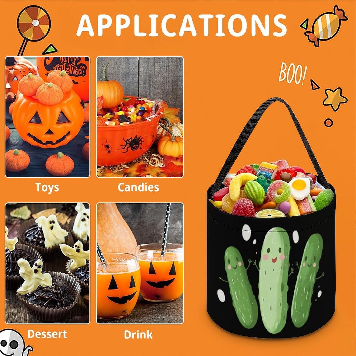 Cute Cucumber Pickle Halloween Treat Bag Reusable Candy Basket Tote Goody Bags Gift Party