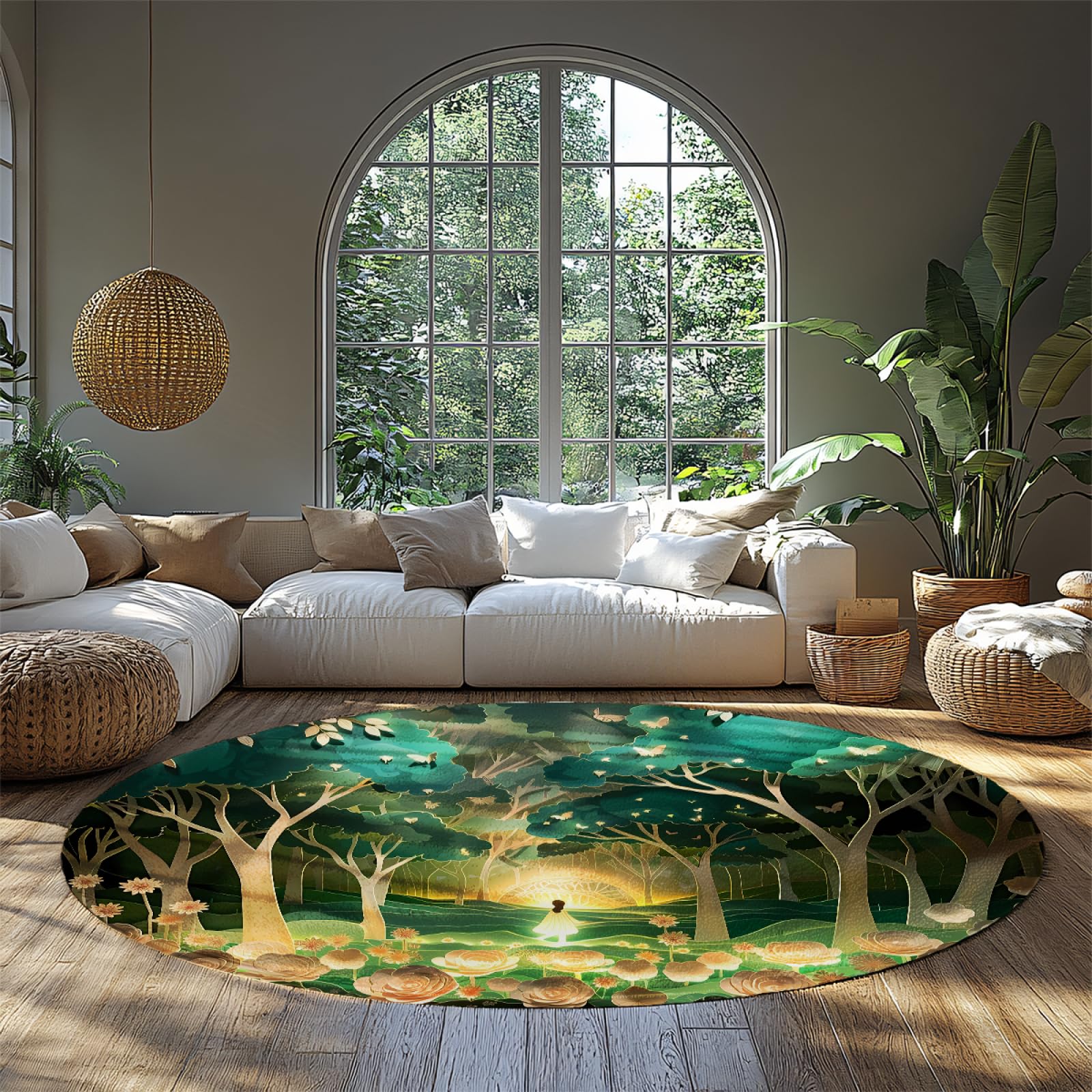 Tapis rond 180cm Forêt Enchantée lavable pour chambre fille