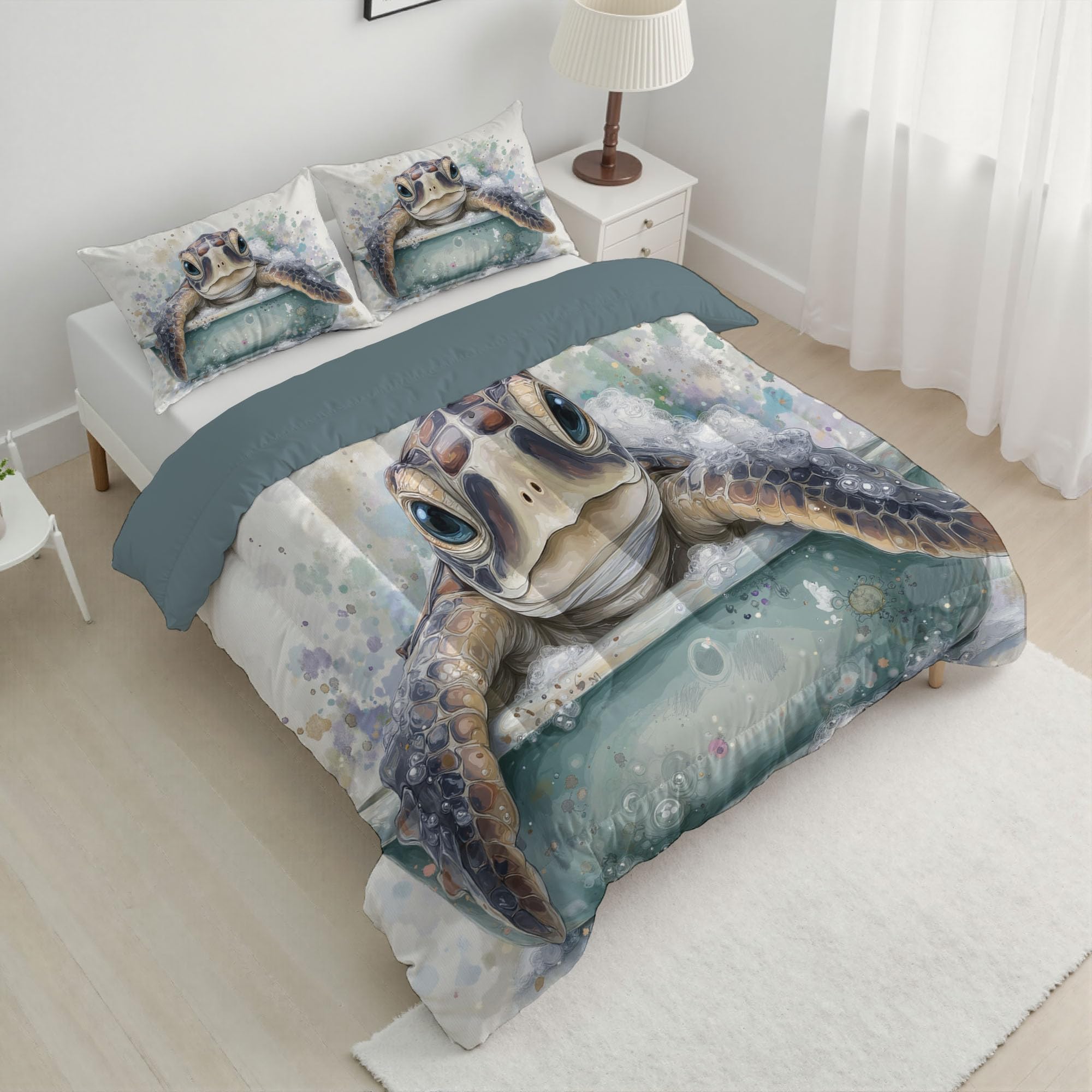 Trapunta Letto Singolo 4 Stagioni Piumone per Bambini, Acquerello Tartaruga Leggero Carini Animali Set di Biancheria da Letto 140x200cm con 1 Federe,Piumino Lavabile In Lavatrice