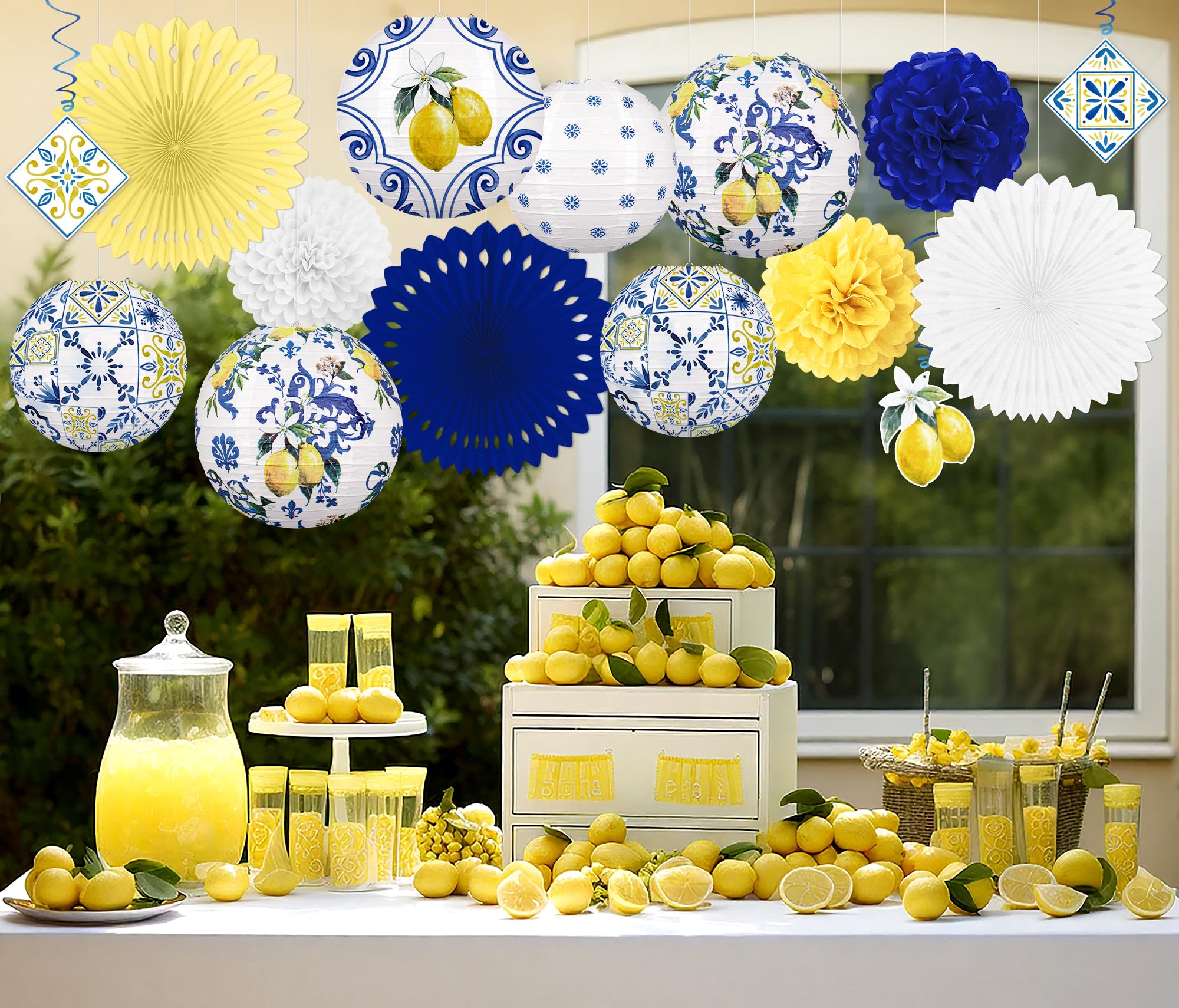 Lot de 15 lanternes en papier citron pour décorations de fête : côte amalfitaine Capri jaune et bleu Carreaux méditerranéens à suspendre pour fête prénuptiale, anniversaire, mariage – Style 2