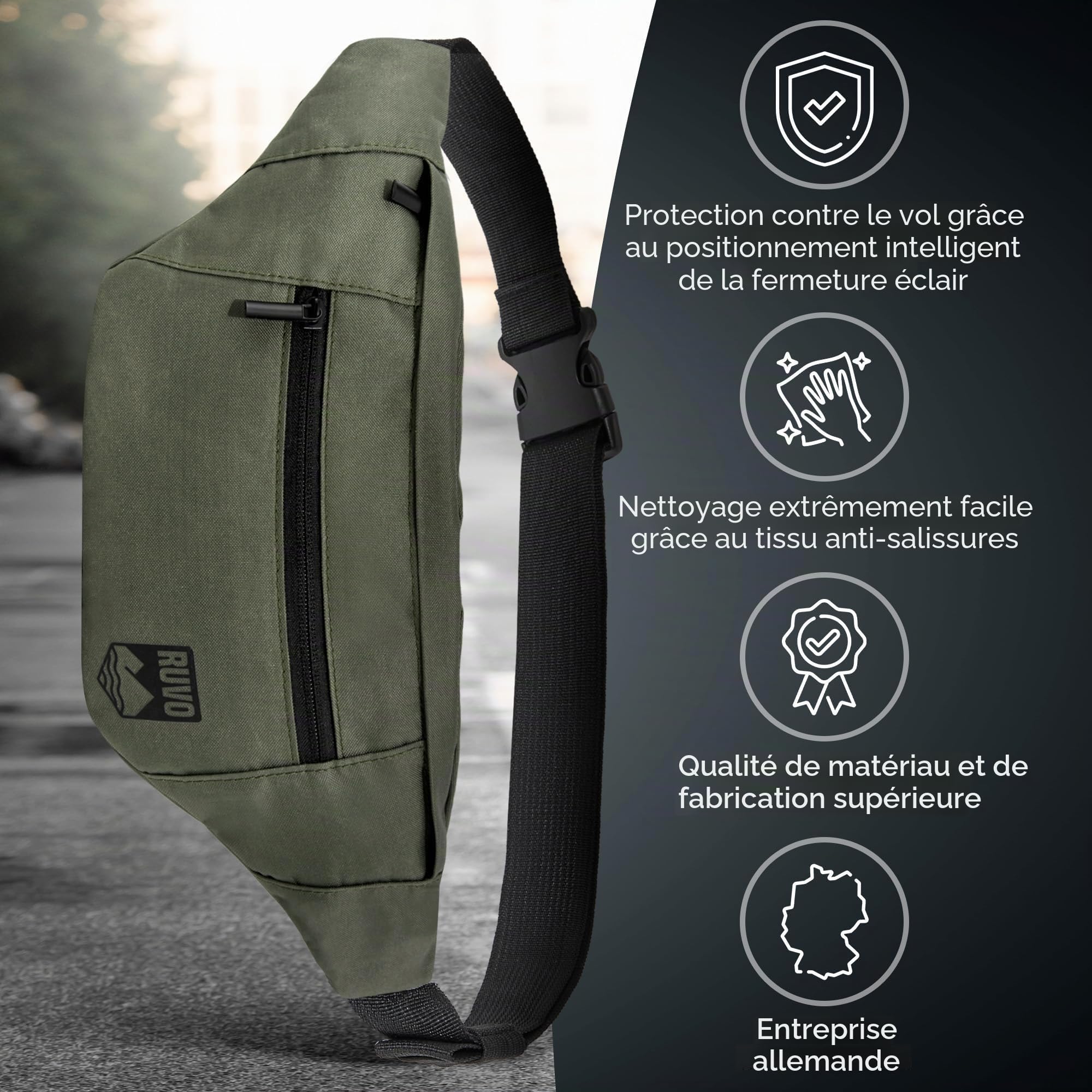 RUVO® sac banane élégant - 4 compartiments, fermeture éclair - rangement maximal pour toutes les activités, Olive, taille unique