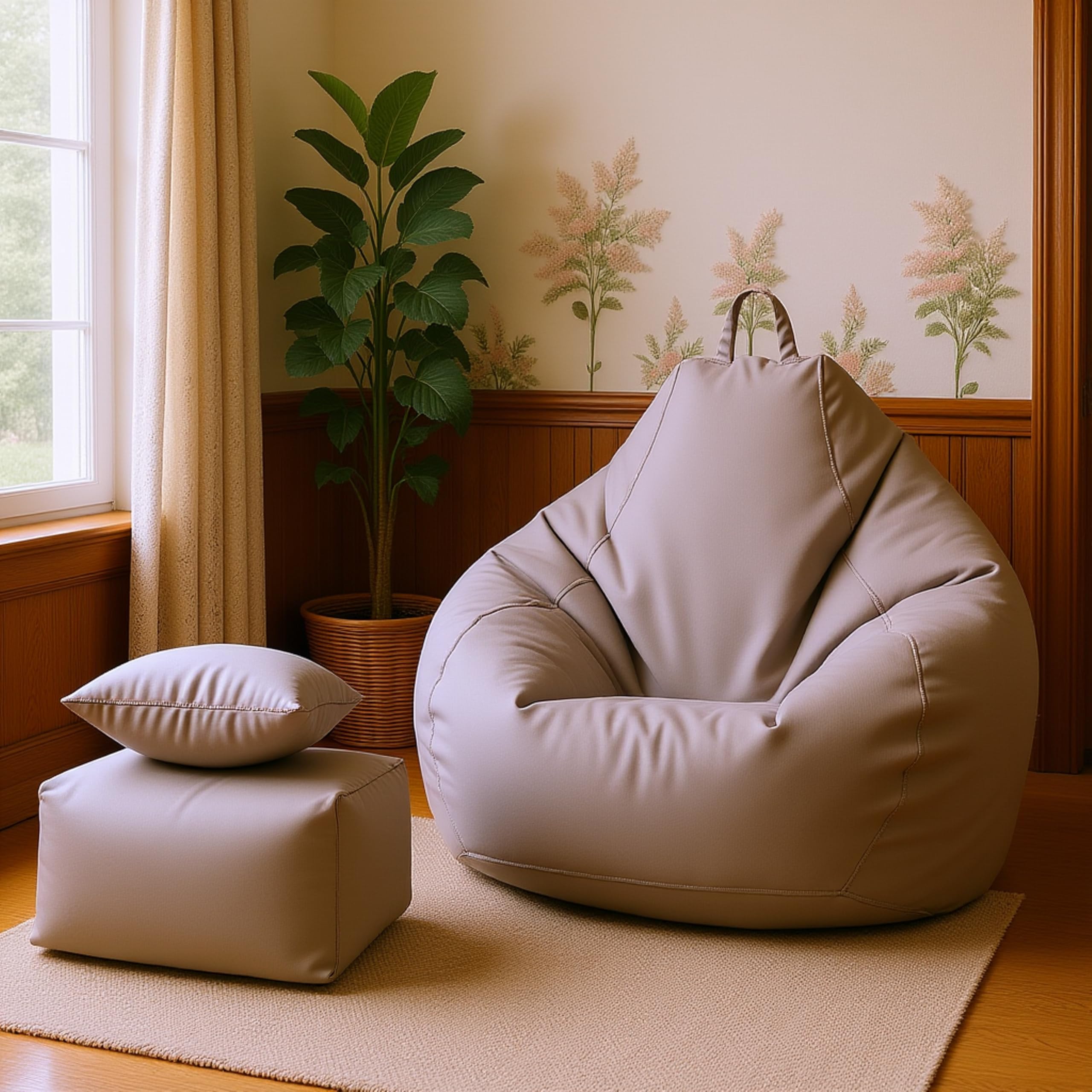 5XL Premium Leatherette Bean Bag with Rectangular Footrest & Cushion | High Density EPS Beans Filled | Teardrop Shape with Handle | 6 Months Warranty (Beige, 5XL_Combo Pack, Solid)-image-18