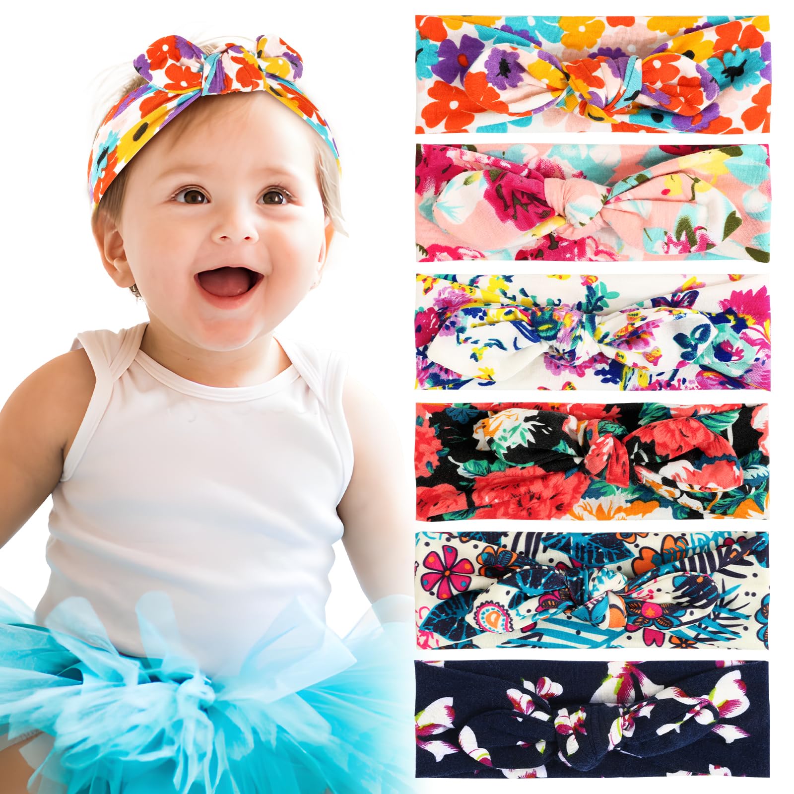 BETESSIN 6pcs Venda Pelo Niña Bebé, Turbante Banda Con Oído Conejo, Cinta Elástica de Algodón, Diadema Colores, 36cm a 60cm