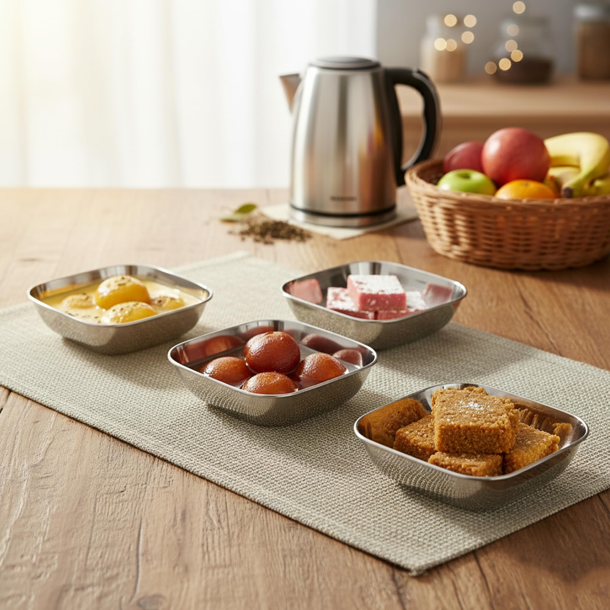 Moongil Stainless Steel Halwa Plates| Quarter Plates | Square Snack Plate |Nasta Plate| Dessert Plate Set| Side Dish |Mirror Finish| BPA Free-Square (4) 2
