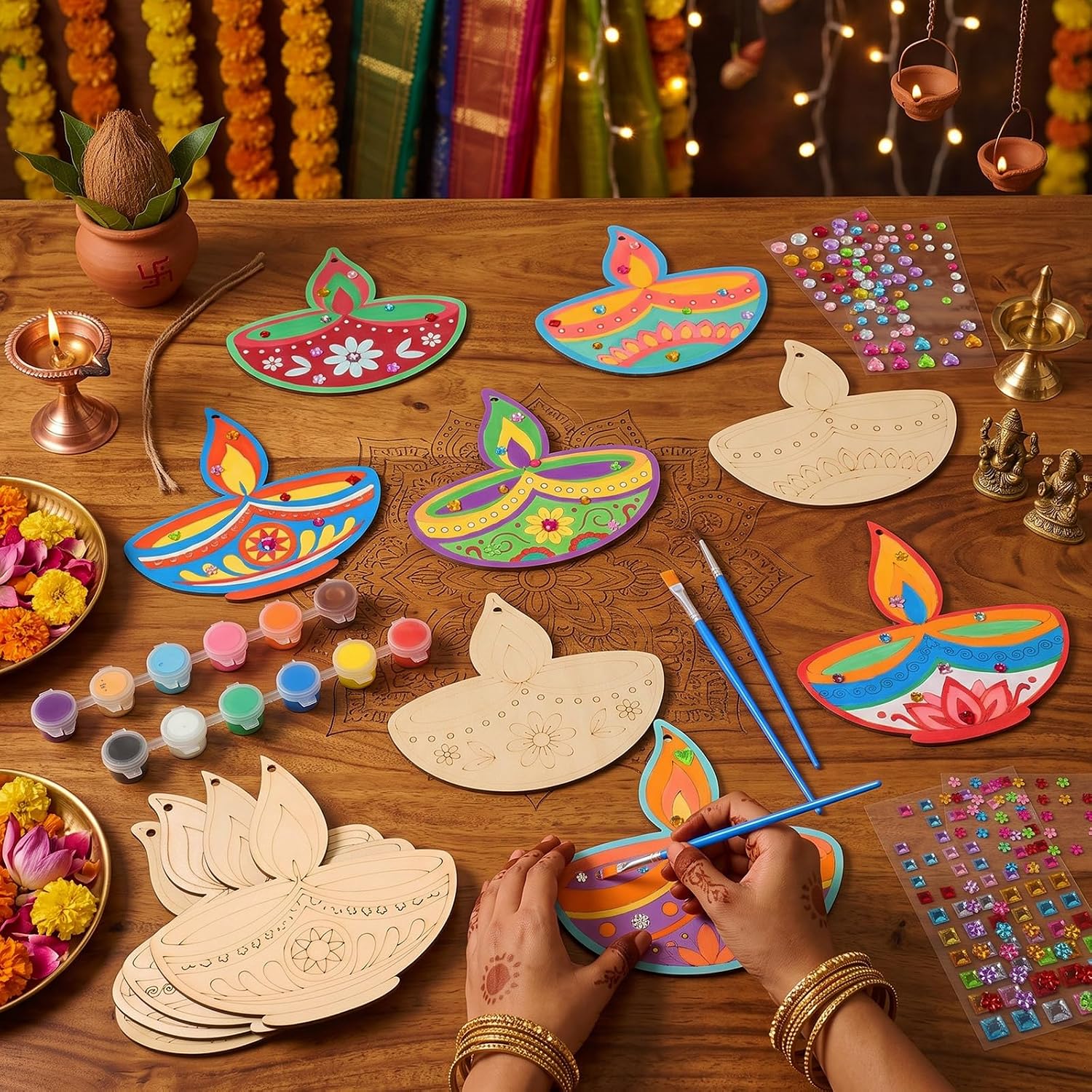 Blueweenly 24 Pcs Diwali Wood Crafts DIY Diya Diwali Party Favor image 3