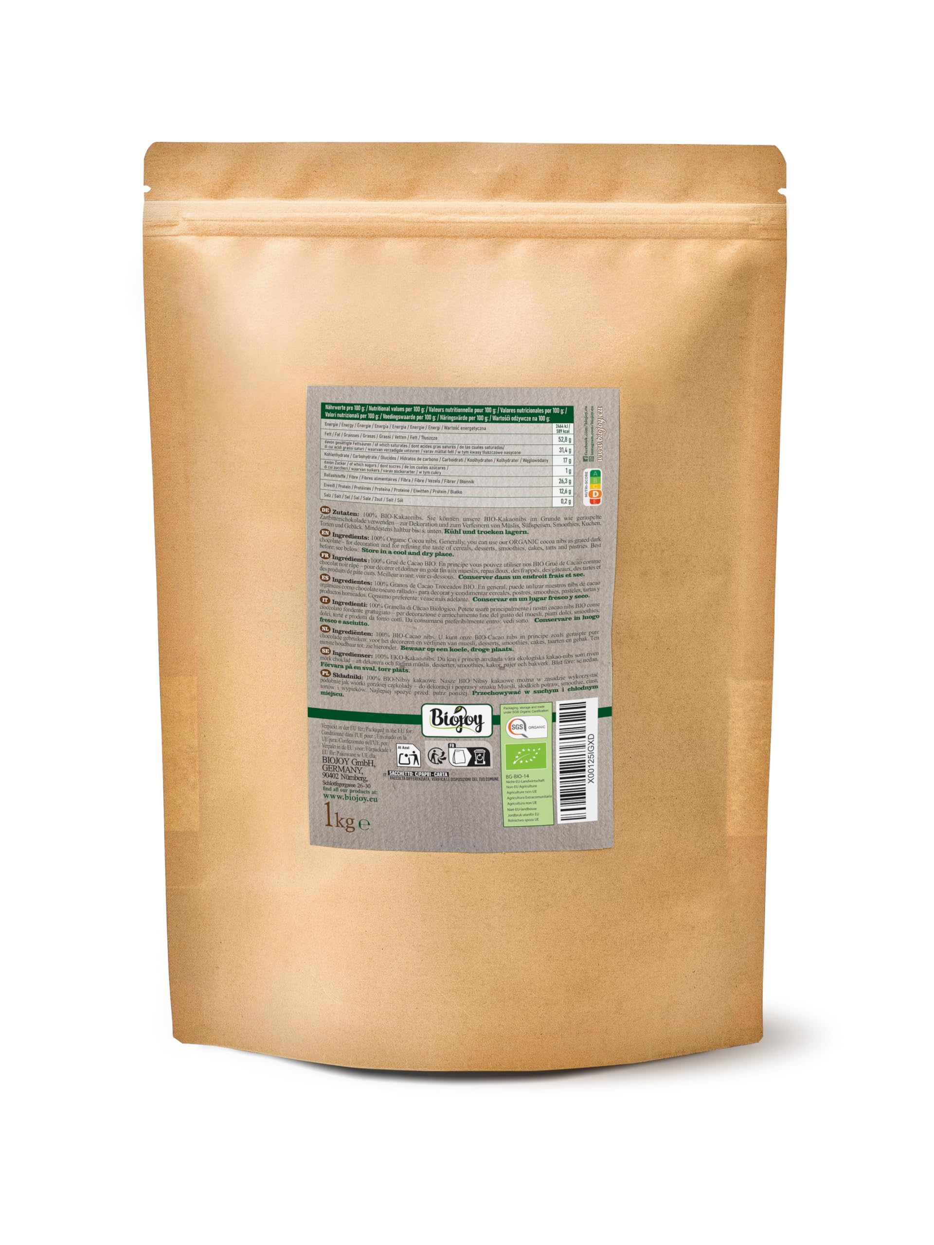 Biojoy Nibs de cacao Ecológico (1 kg), crudos y sin azúcares añadidos, Cacao nibs (Theobroma cacao)
