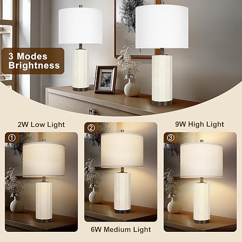 Miniatura 6 de Scenekoy Juego de 2 lámparas de mesa de 23 pulgadas para dormitorio, sala de estar, interruptor giratorio de cerámica con pantalla de lino blanco,