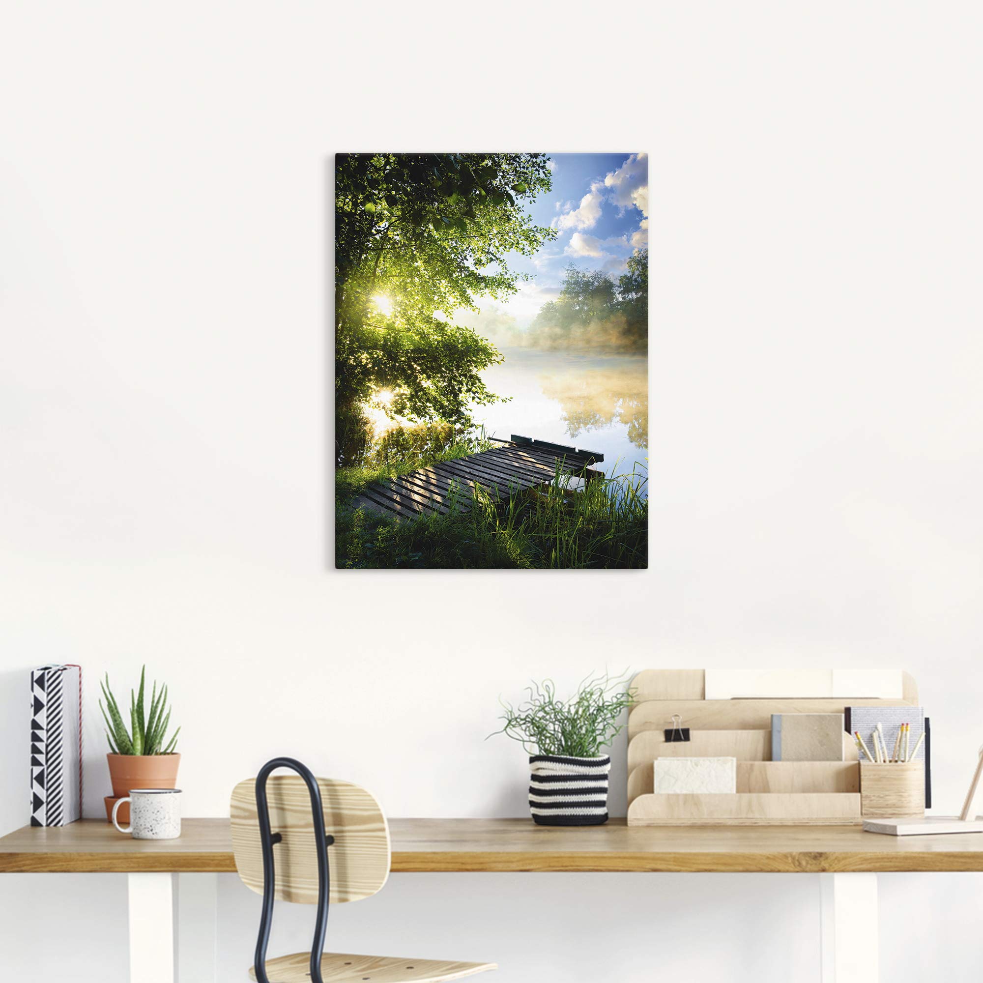 ARTLAND Wanddeko Leinwand Bilder Wandbild 60x80 cm Natur Landschaft Wald Baum See Steg Sommer Sonne Gräser T0WD