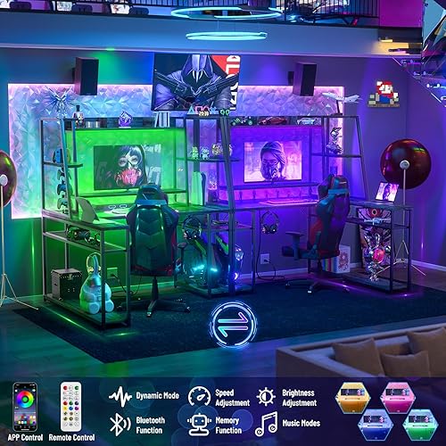 Miniatura 6 de armocity Escritorio grande en forma de L de 63 pulgadas con luces LED y regletas de alimentación, escritorio reversible para juegos con gabinete,