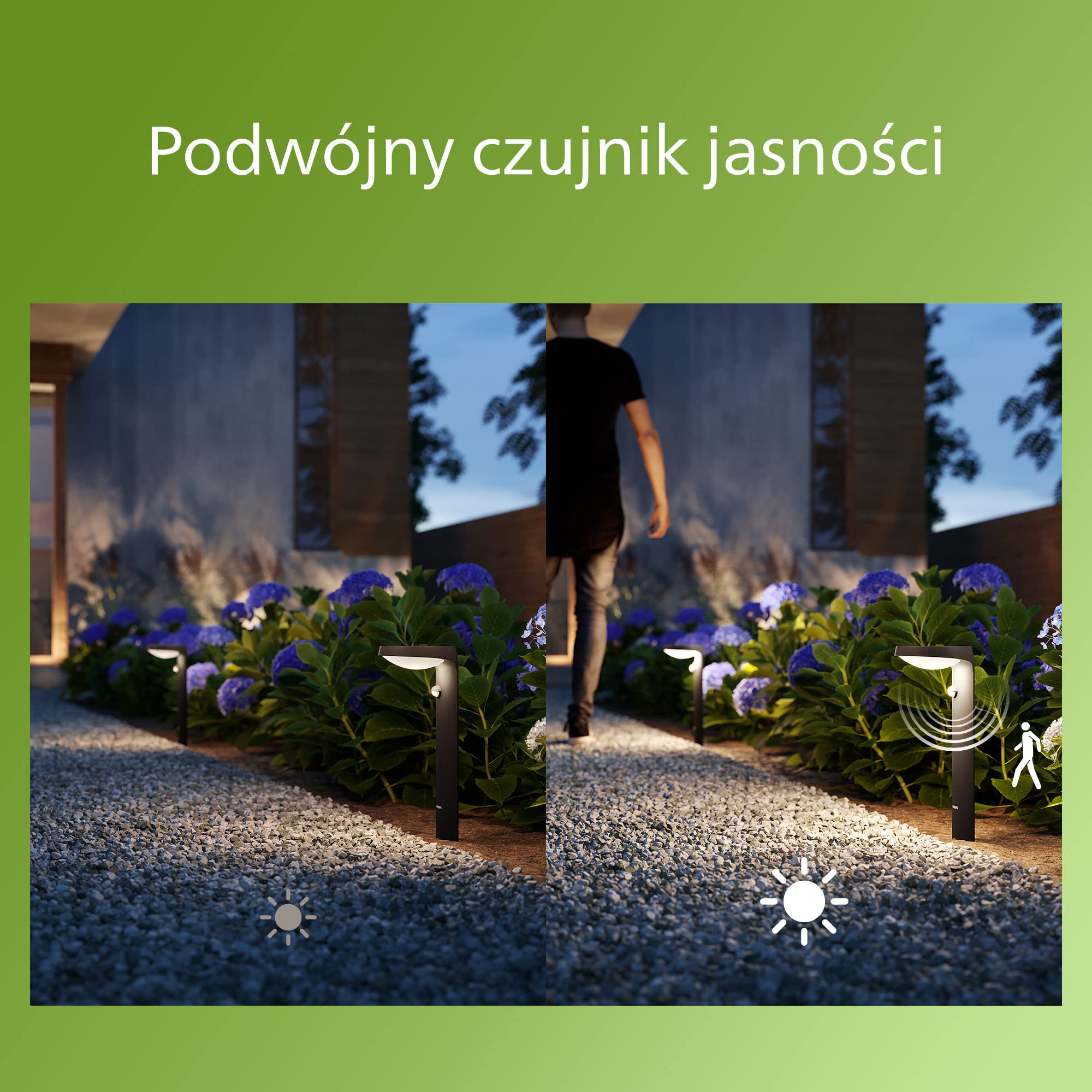 Philips LED Ultraefficient Zewnętrzna lampa solarna stojąca Tyla 18W, 4000 K, czujnik ruchu, 2 poziomy jasności, IP44