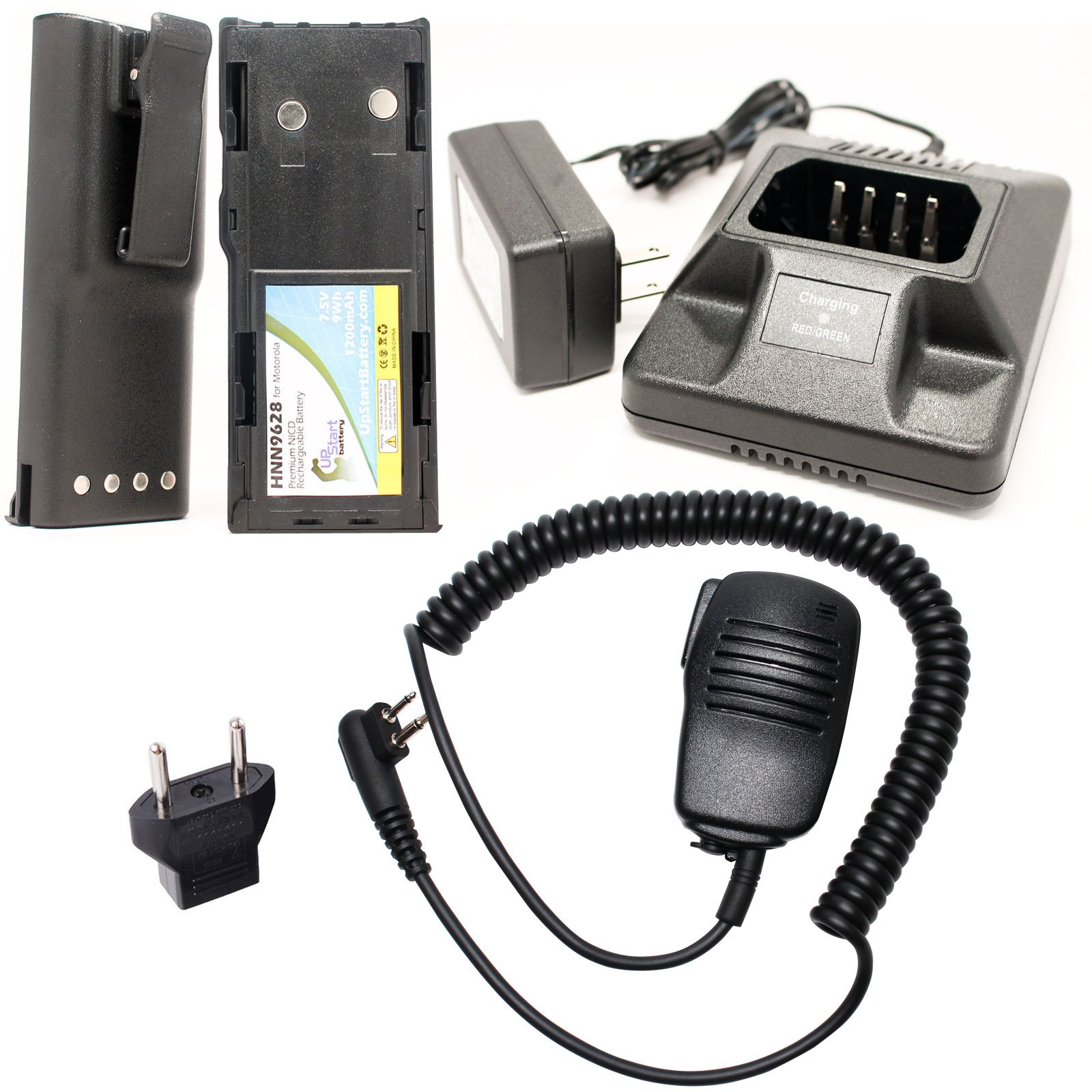 2-Pack Motorola HNN9628 Two-Way Radio Battery (1200mAh, 7.5V, NICD) + Charger + EU Adapter + Shoulder Speaker with Push to Talk (PTT) Microphone Replacement for Motorola GP300, Motorola GTX-image-17