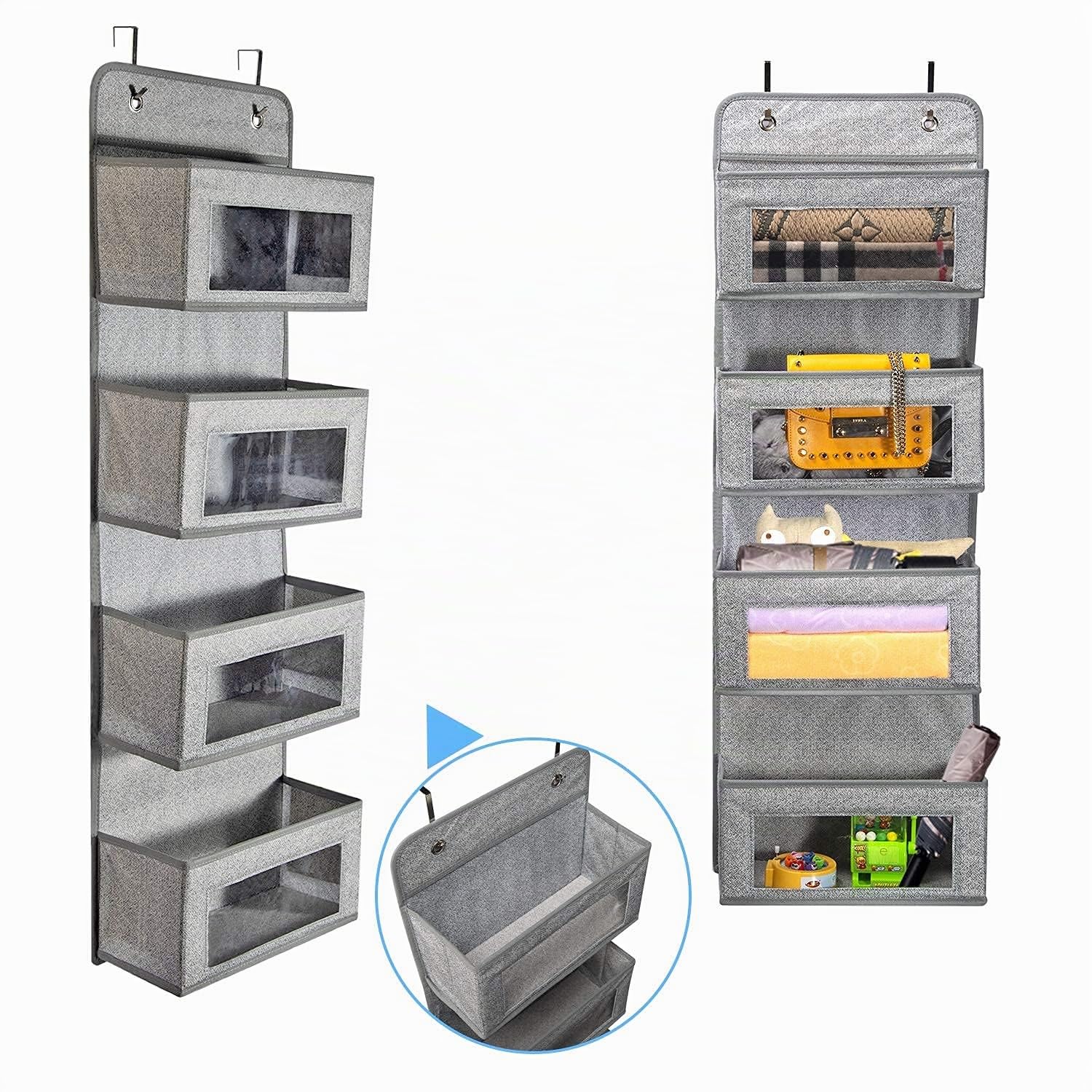 BrilliantJo Portaoggetti da Appendere con 4 Tasche in Tessuto, Organizzatore da Porta con grande finestra trasparente, Organizer Armadio Porta Oggetti da Appendere, Grigio-bianca