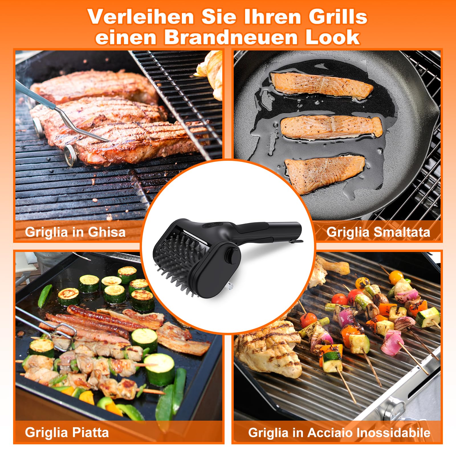 Spazzola Elettrica per Barbecue Ricaricabile, Doppia Velocità 590/1000 Giri, 2 Testine, LED, Nero