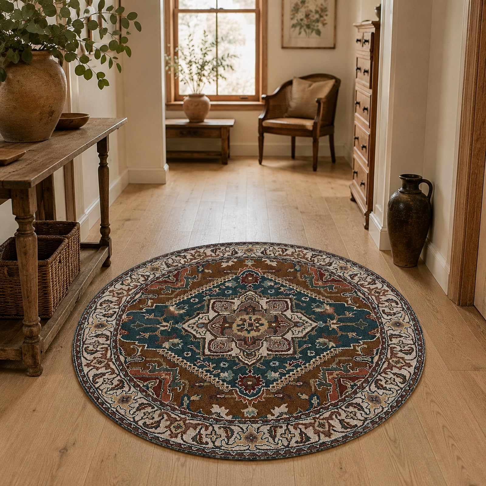 Tapis rond lavable style rétro rouge et beige pour sublimer votre salle de séjour