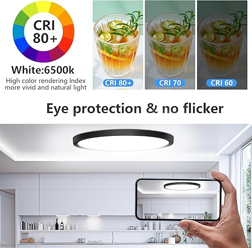 Miniatura 4 de Lámpara de techo de montaje empotrado, luz LED plana de 12 pulgadas para techo, 6500K 3200 lúmenes, lámpara redonda negra ultra fina para