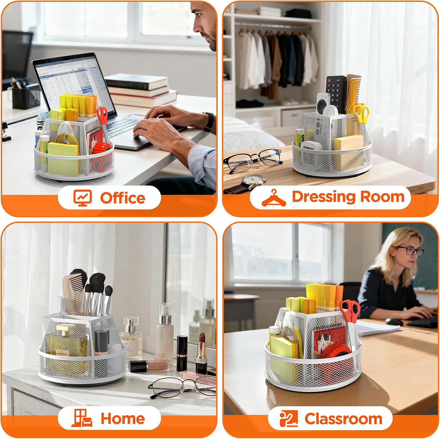 Docnest 360°Rotating Mesh Desk Organizer,6-Compartment Pen Holder,White image 5
