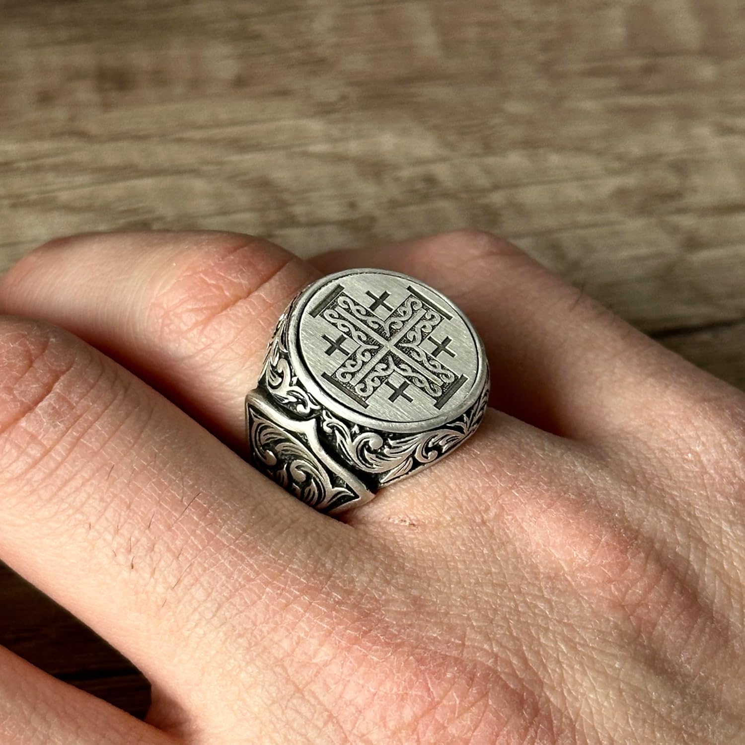 Silver Jerusalem Cross Ring, Engraved Religious Signet Ring, Handmade Cross Signet Ring, Celtic Cross Ring, Gift For Dad, Gift For Him