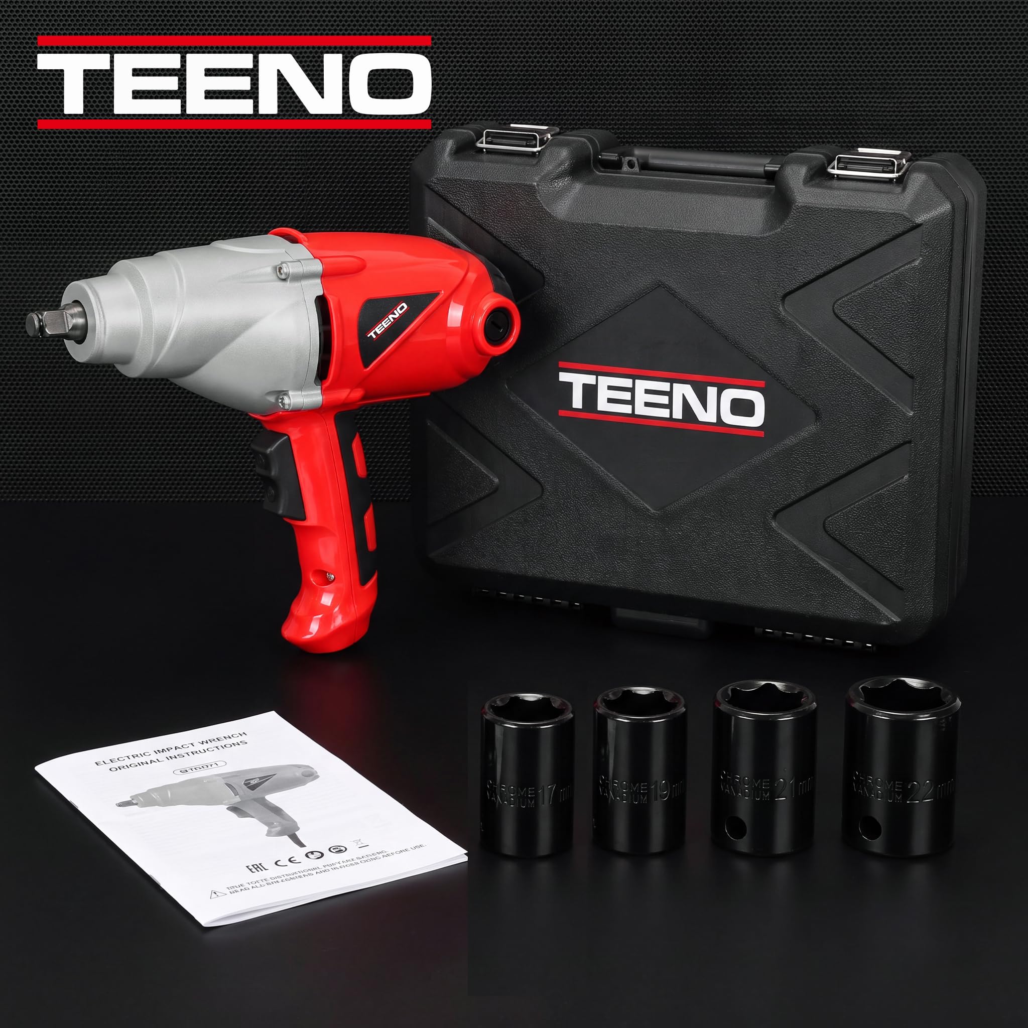 TEENO Schlagschrauber mit Kabel 1/2", 450 Nm, 1010 W, zum Anziehen & Lösen von Schrauben, im Koffer mit 4 Steckschlüsseln (17, 19, 21 und 22 mm), Kabellänge 2M, Rot
