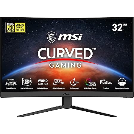 MSI Optix G32CQ4 Curved Gaming Monitor - 32 Inch, 16:9 WQHD (2560 x 1440), 2K, VA, 165 Hz, 1 ms, 1500R, FreeSync Premium, DisplayPort, HDMI, Anti-Flicker, Less Blue light, Frameless, Black