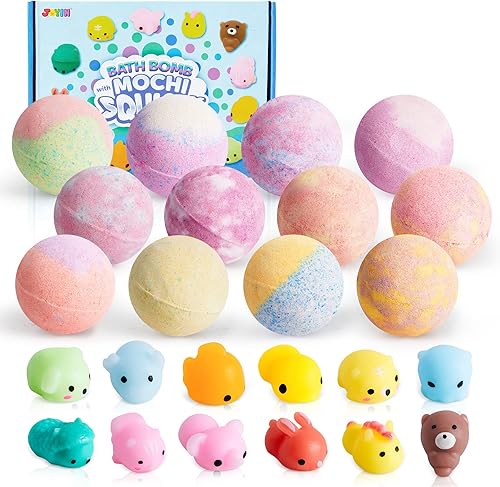 JOYIN Bombas de baño para niños con juguete esponjoso Mochi, paquete de 12 bombas de baño de burbujas con juguete sorpresa en el interior, juego de