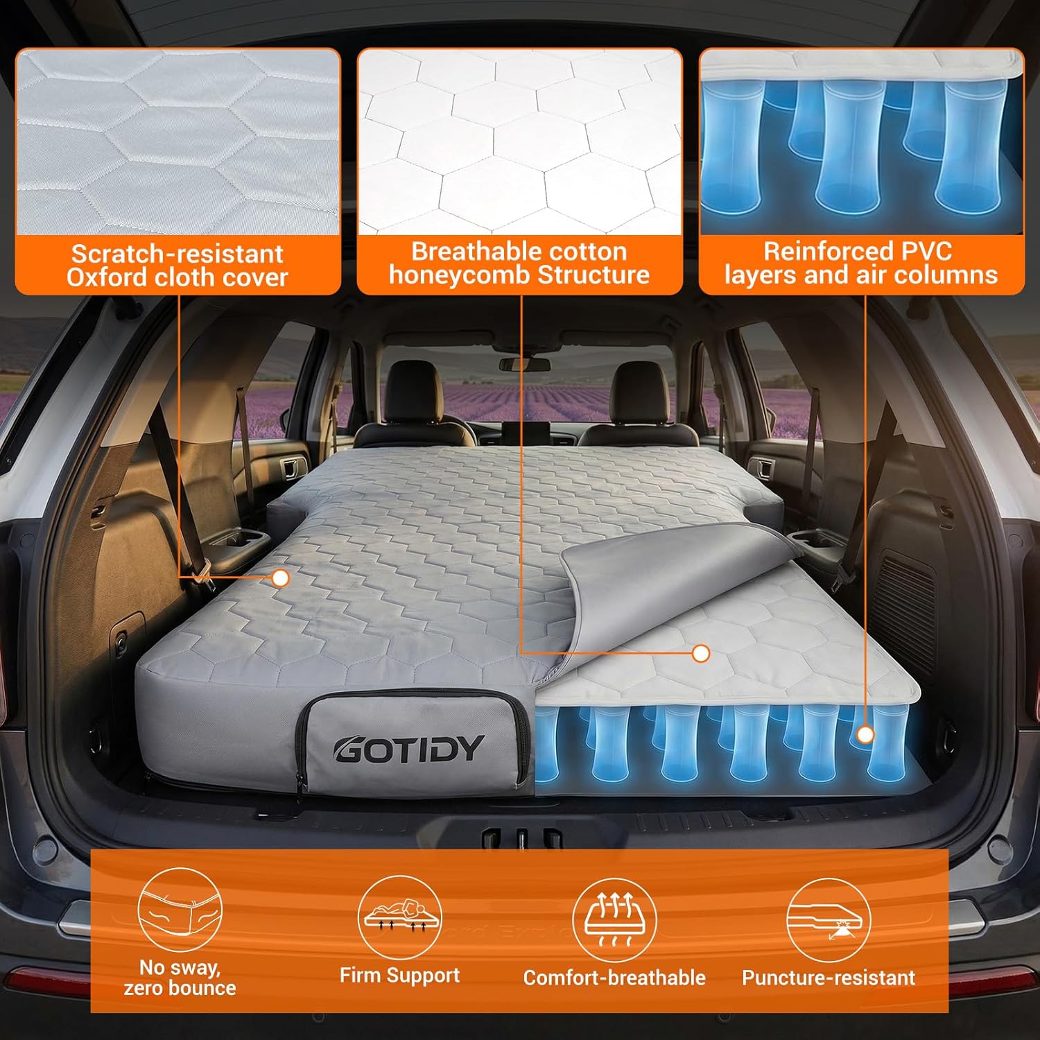 SUV Air Mattress, Extra Sturdy & Comfortable, SUV Mattress with Durable Fabric Cover & Built-In Breathable Cotton Layer & Built-in Pump, Fit for Large and Mid-Size SUVs like RAV4/Highlander/Traverse