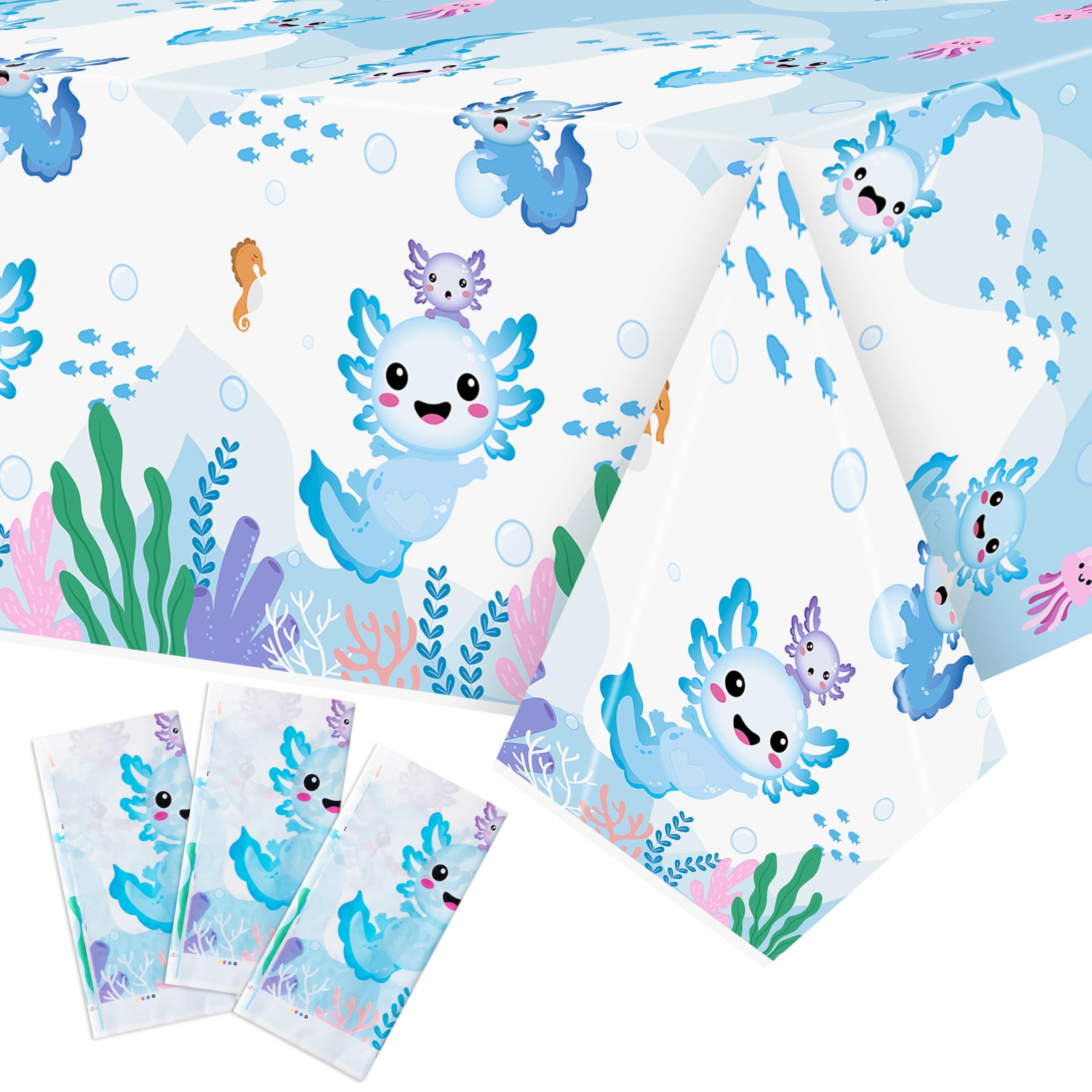 Axolotl Plastic Party Tablecovers - 3-Pack Blue Cartoon Axolotl Table Cover Decorations Disposable Waterproof Rectangle Plastic Tablecloths Rectangle Kids Birthday Baby Shower Camping Events