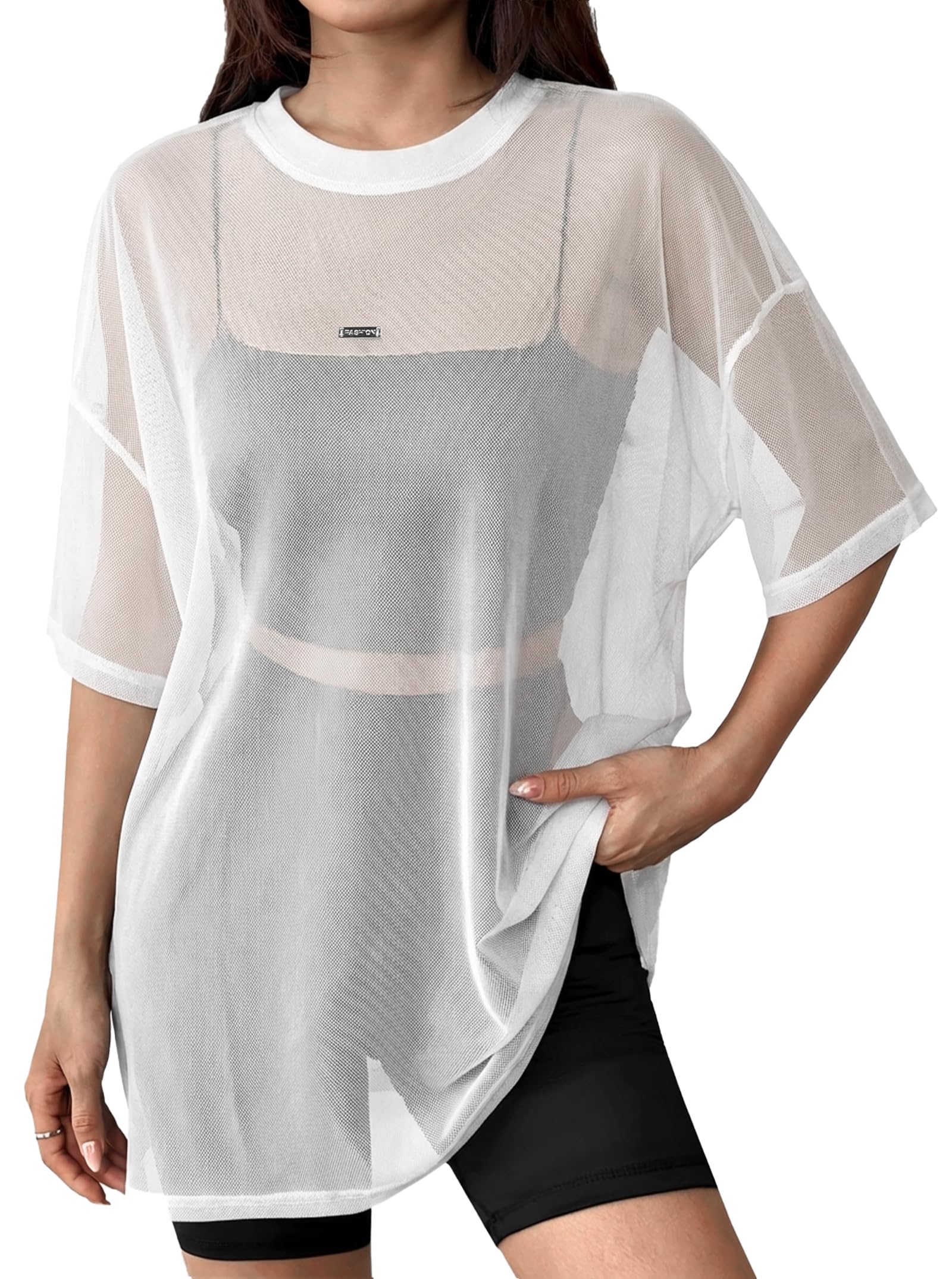 Womens Sheer Mesh Oversized Tshirts Short Sleeve See Through Tee