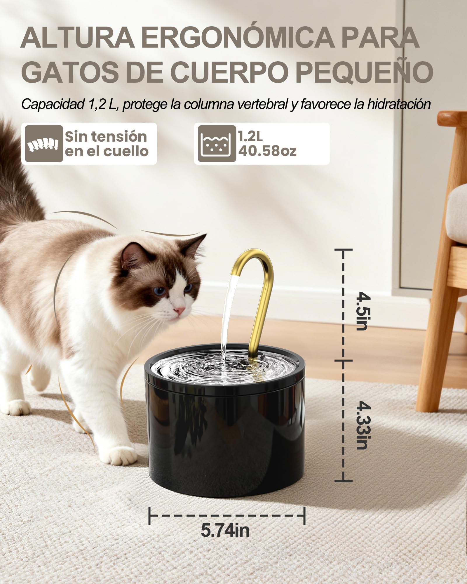 Kittyspout Fuente de Agua en Cerámica – 1.2L, con Bomba Ultra Silenciosa, 3 Niveles de Flujo, Sin BPA, Incluye 2 Filtros, Ideal para Gatos y Perros Pequeños – Negro | Con 3 niveles de agua y tubo de cobre, fuente silenciosa para gatos y perros pequeños