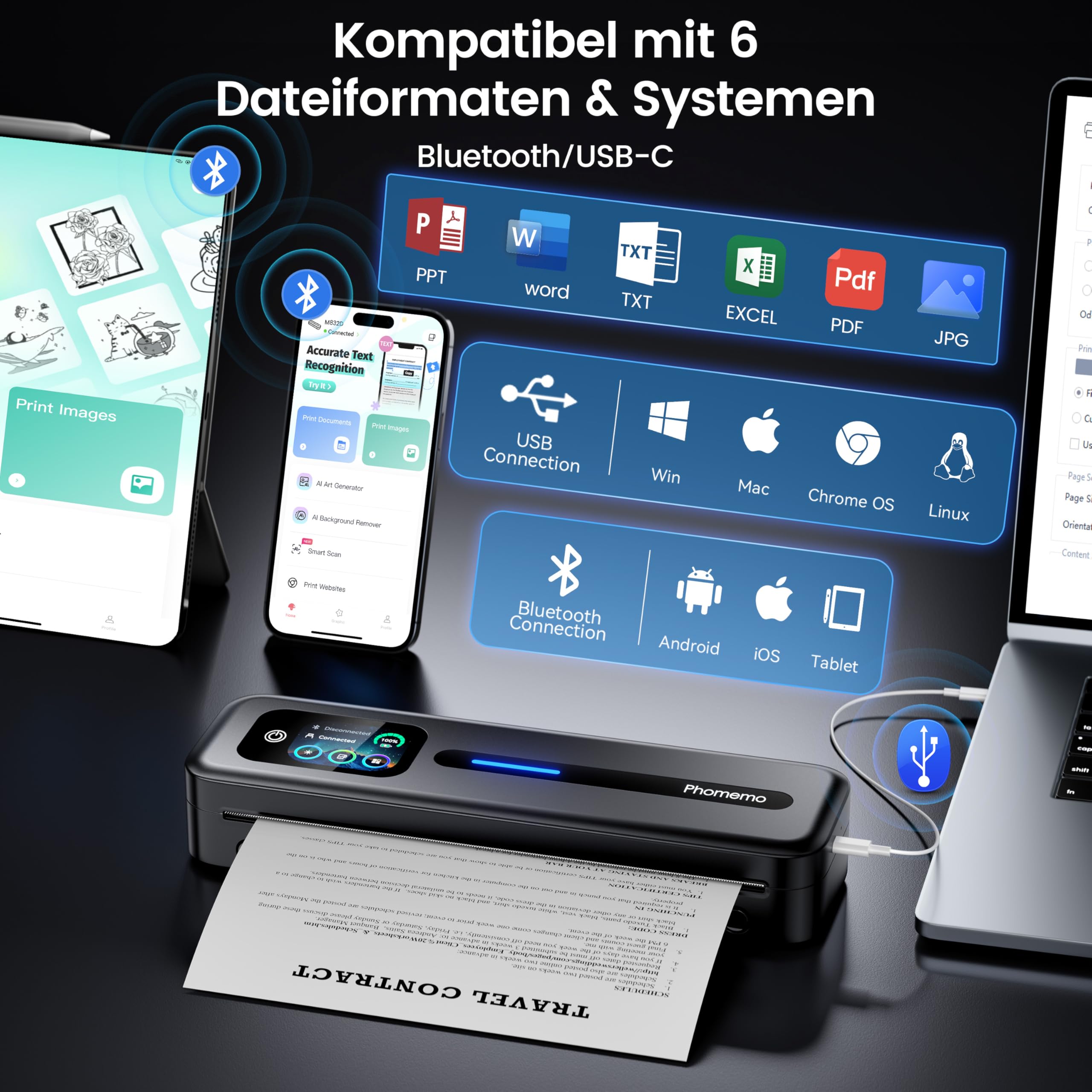 Phomemo M832D Thermodrucker A4, Touchscreen Mobiler Drucker für Zuhause, 300 DPI Thermodrucker Kompatibel mit Android & iOS, Handy & Laptop,Tragbarer Drucker mit Tragetasche und 3 Rollen Thermopapier