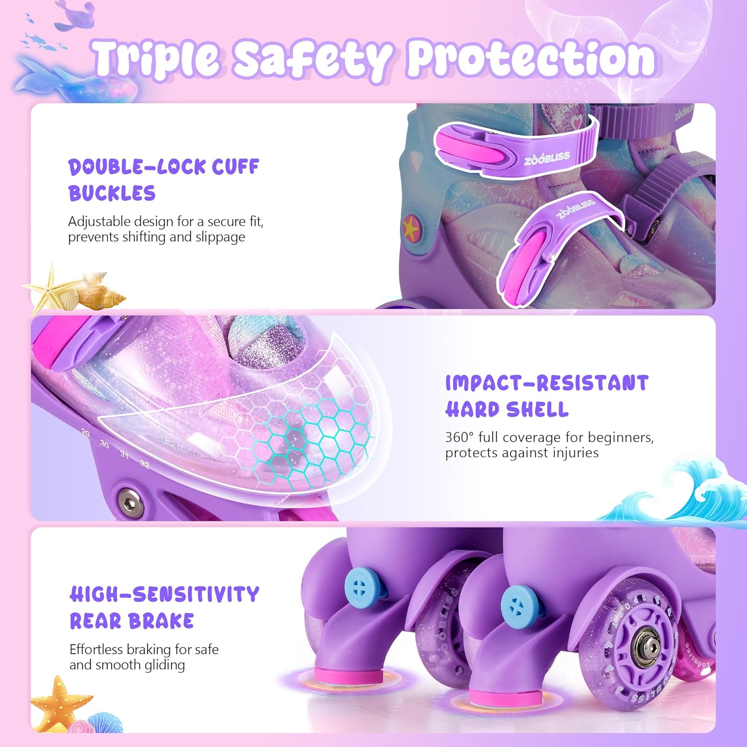 Kids Roller Skates for Beginners - ZOOBLISS Toddler Roller Skates for Boys and Girls Ages 3-7 with Light-Up Wheels & 4 Adjustable Sizes, Tri-Wheel Training Skates for Kids