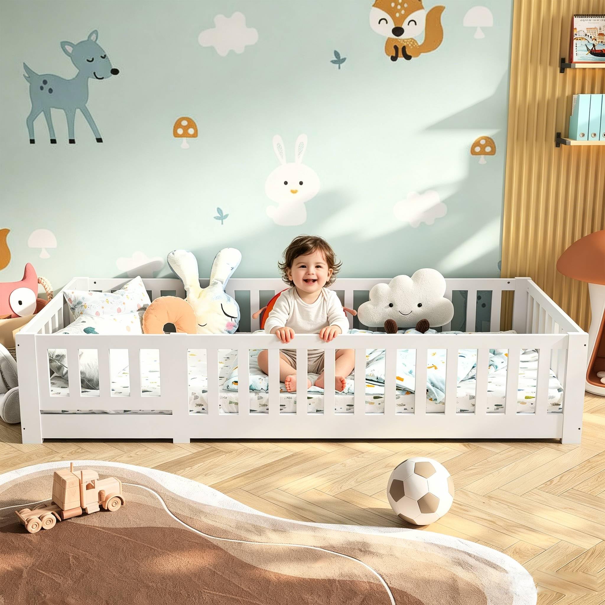 Lettino Montessori per bambini 90 x 200 cm con Protezione Anticaduta,Cama Suelo con Barandilla de Seguridad,Camas para Niños y Niñas,Telaio in Legno Massello di Pino,Bianco