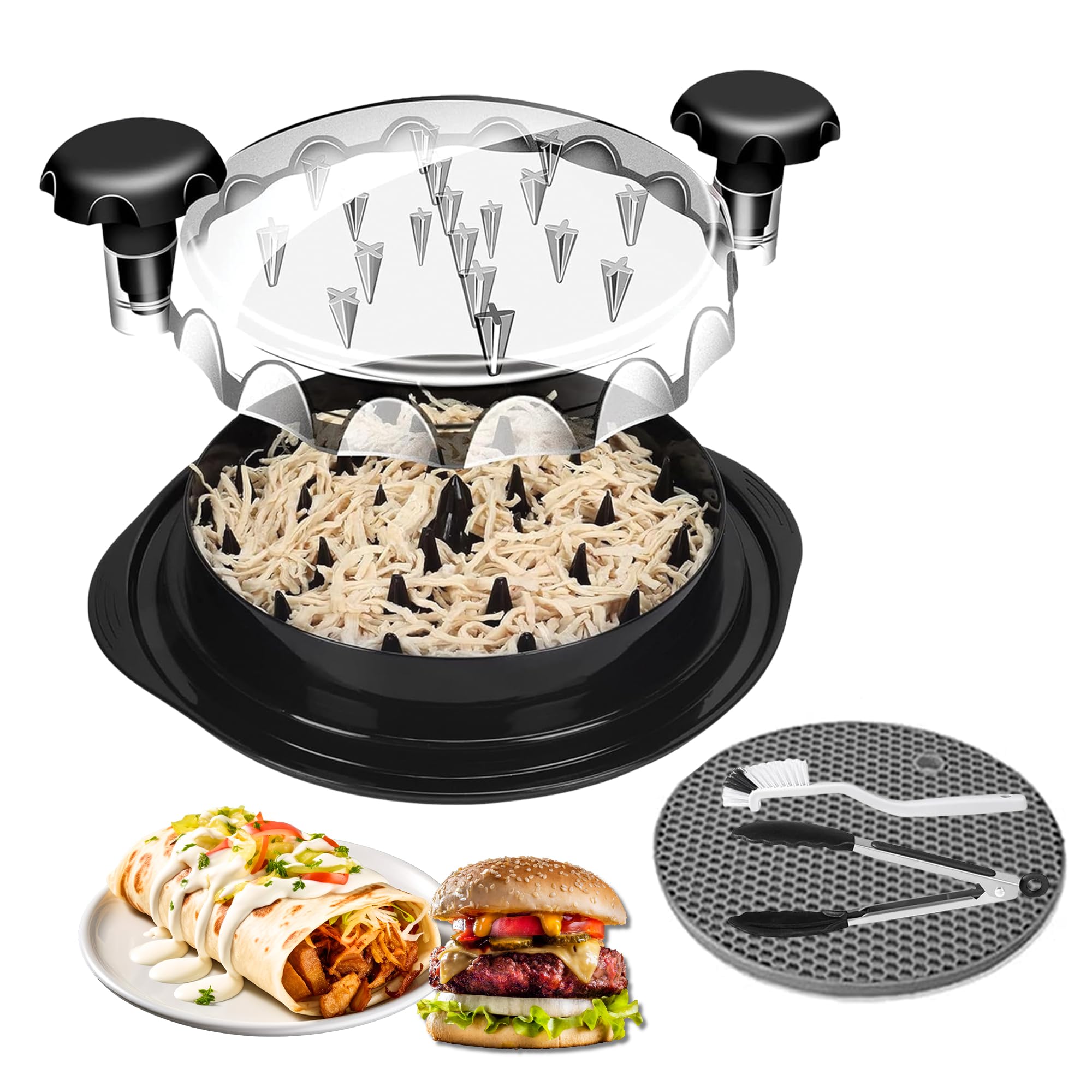 Chicken Shredder Tool Twist with Tong, Brush & Mat - Meat Claws for Shredding Chicken Breast, Pulled Pork, Beef, Salad - Heat-Resistant Anti-Skid Bowl, Clear Lid - Gadget for Shredded Food (Black)