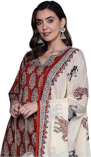 INDO ERA Printed Pure Cotton Kurta with Pant & Dupatta Set for Women