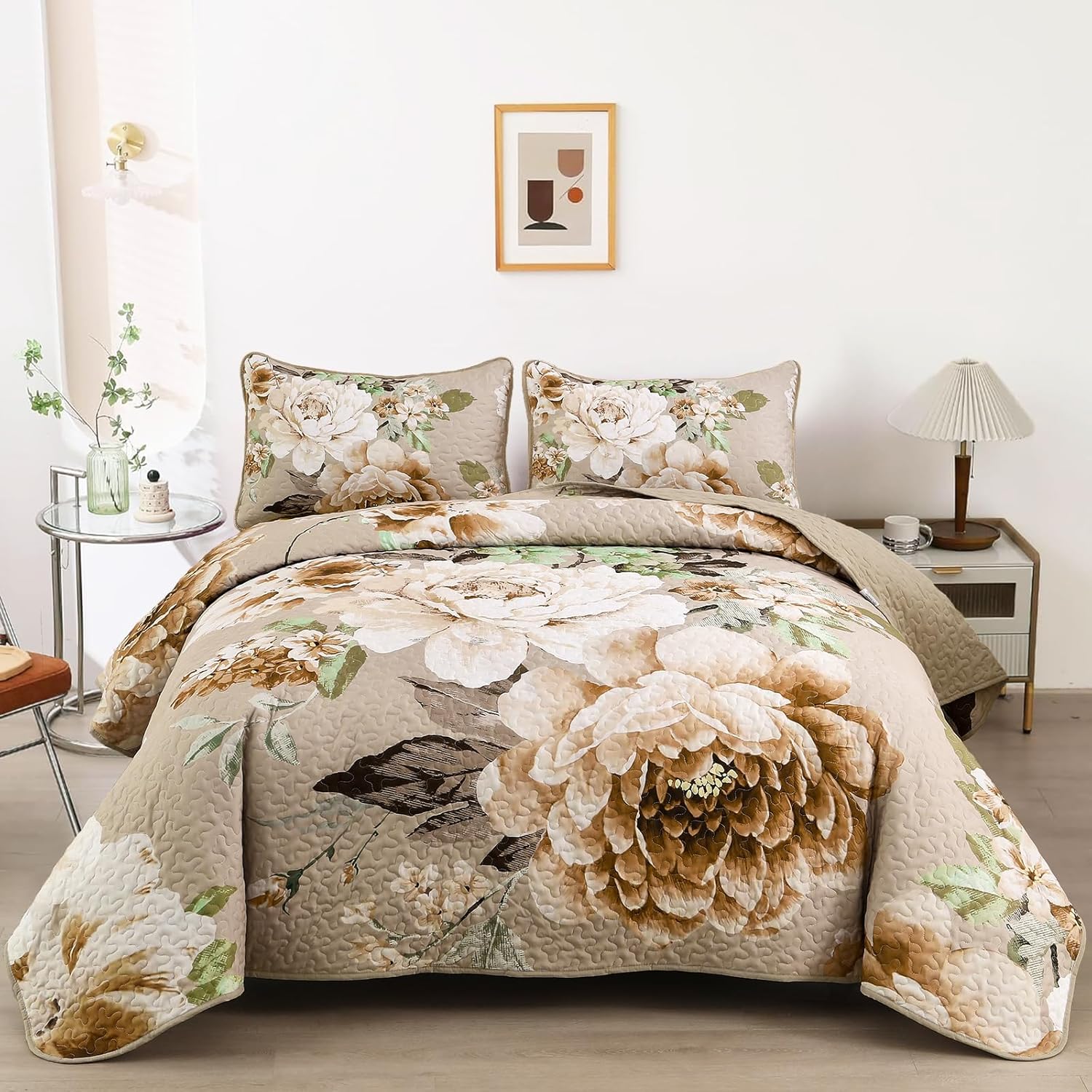 WONGS BEDDING Floral Quilt Set Khaki King,3 Pieces Botanical Quilted Printed Bedspreads Bedding Set for All Season Lightweight Reversible Taupe Coverlet Set with 2 Pillow Shams