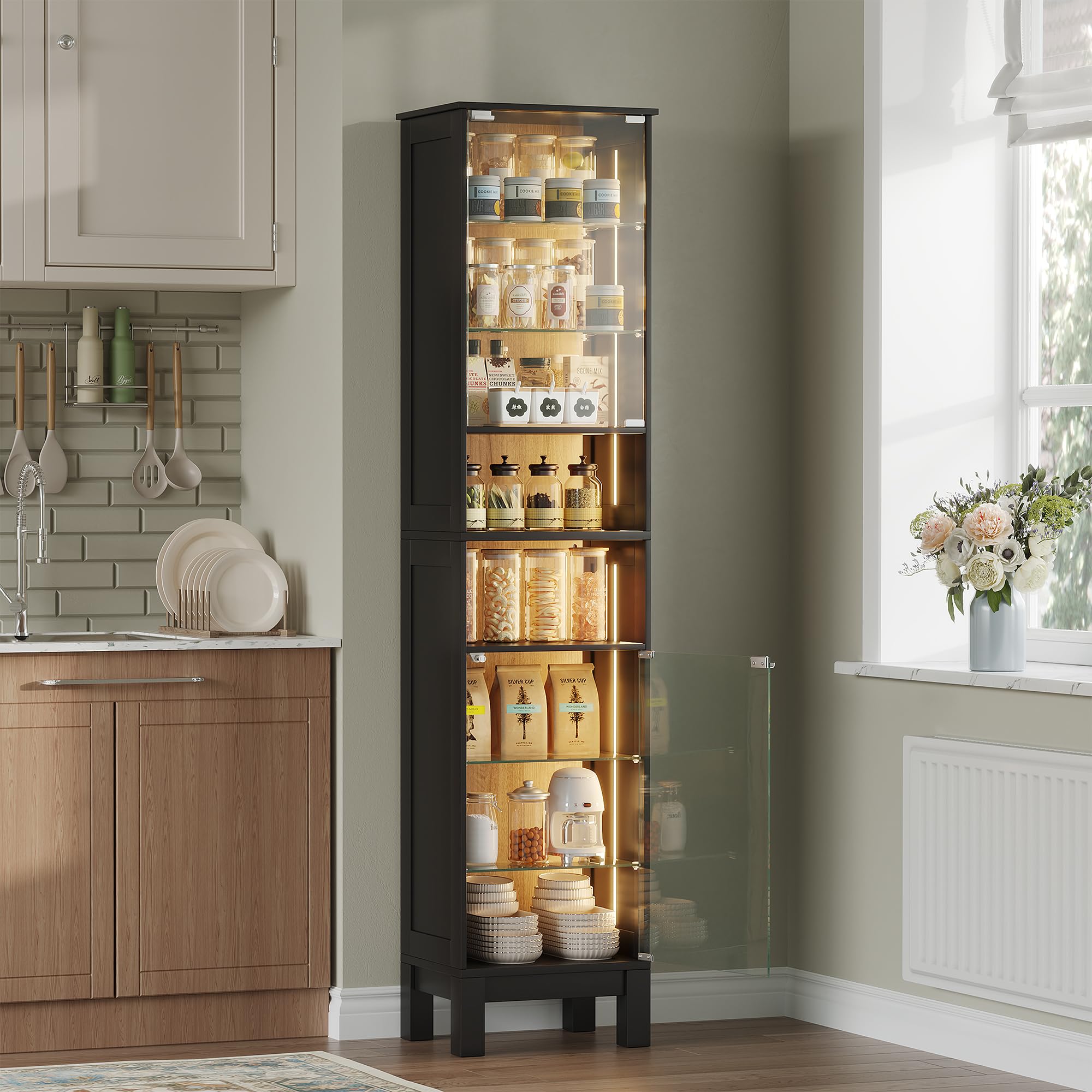 ZKIODV 180cm Vitrina de Cristal LED, Estrecha Armario Vitrina con 8 Estantes, Puerta de Vidrio Templado, Balda Ajustable y Desmontable, Moderna Vitrina para Salón Baño (Negro)