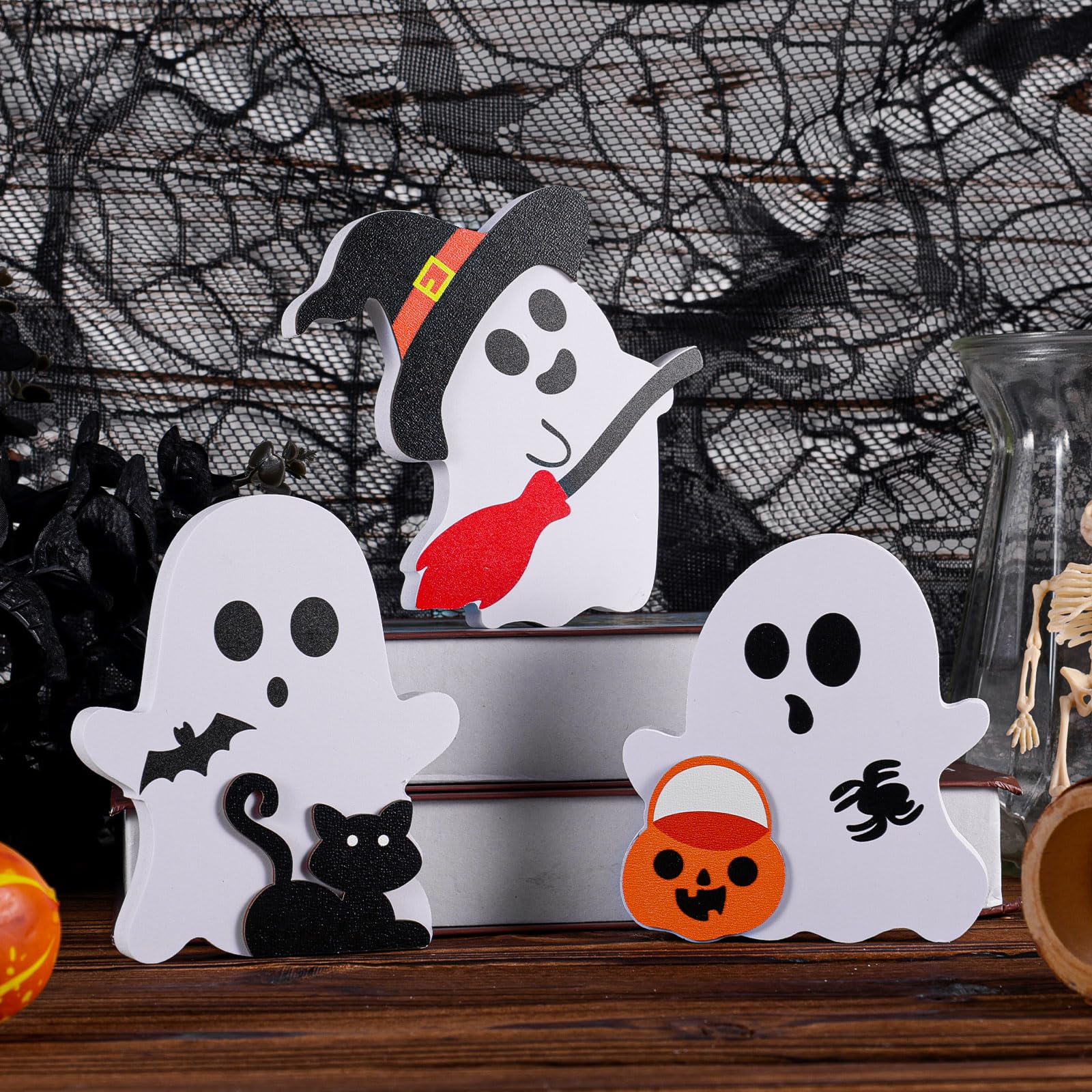 Niedliche Halloween-Deko Aus Holz - 3-teiliges Set Mit Geistern, Katze & Kürbis Für Tisch & Regal