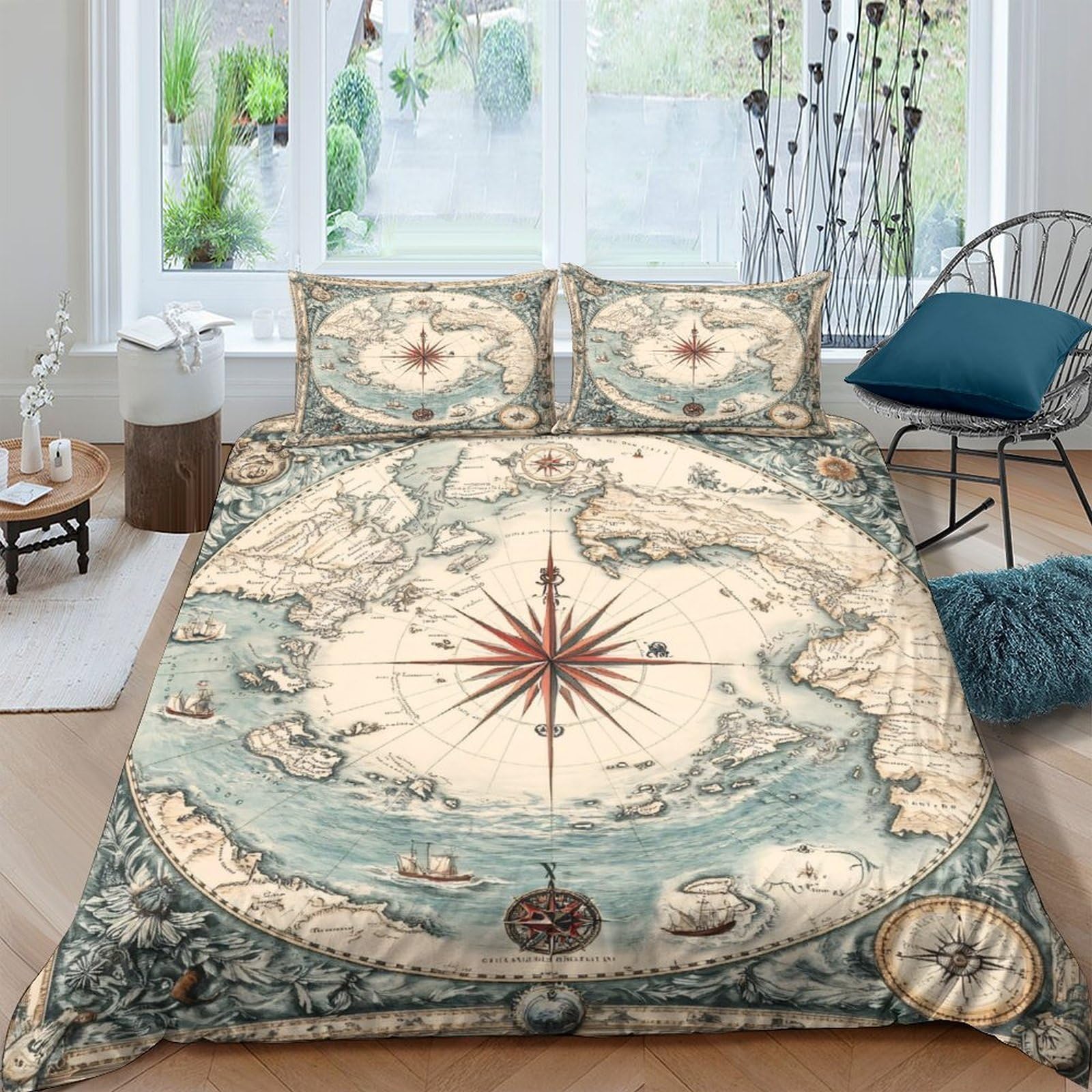Ctjqhvkz Style-2 3D Printed Vintage Nautical Map Fitted Sheet Microfiber Soft Compass Bed Cover For Bedroom Guest Room Decor Single（135X200cm）