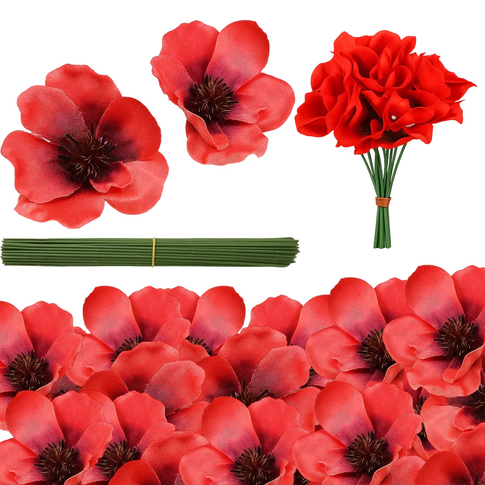 SrgPui 50 Set Artificial Poppies, Poppy Decorations for Remembrance Day, Silk Fabric Poppies with Stems for Memorial Events, DIY Floral Crafts, Home and Party Decor