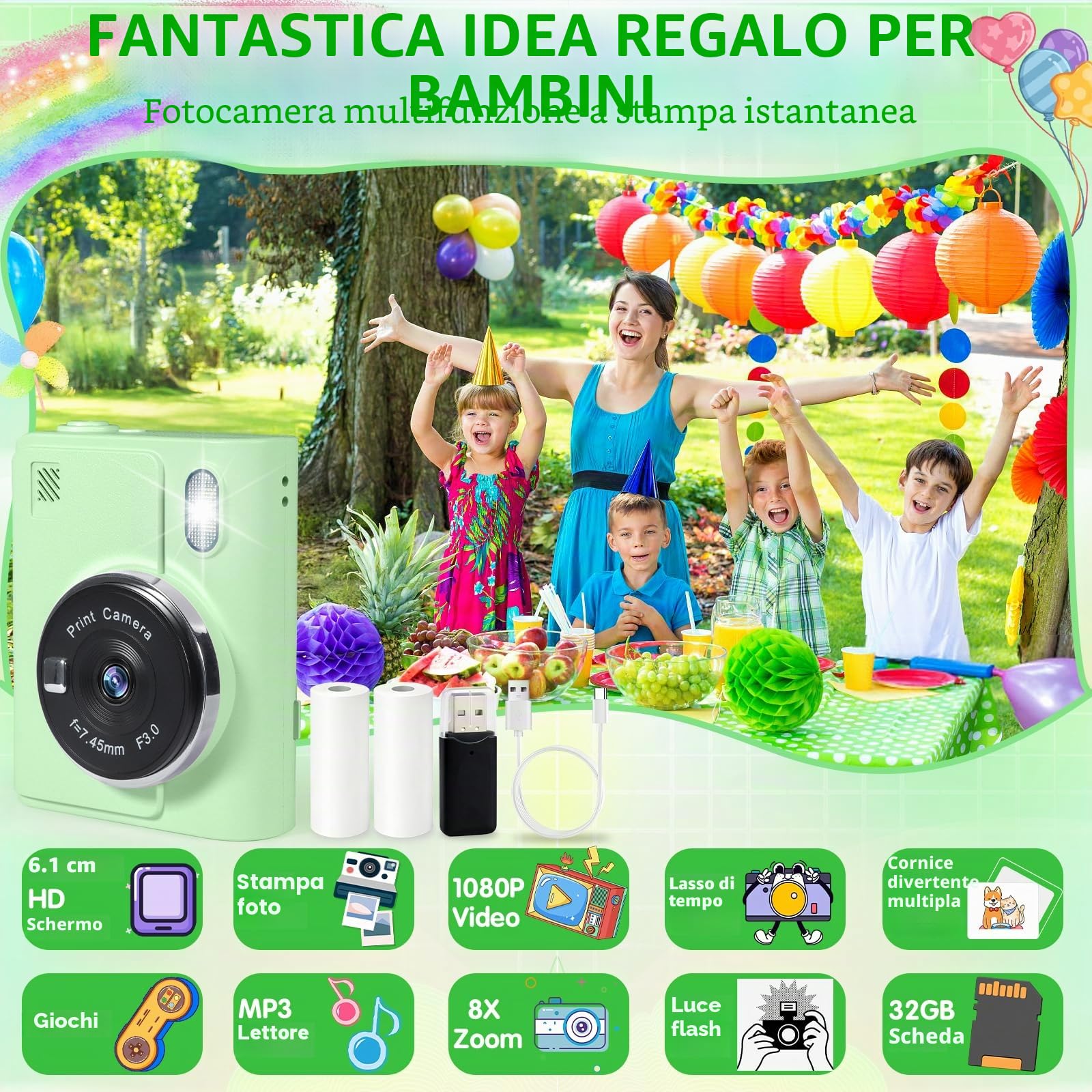 Macchina Fotografica Bambini Istantanea,2.4 Pollici 1080P Fotocamera Digitale Bambini con 32GB e 6 Rotoli di Carta da Stampa,Fotocamera,per Bambine i dai 3-12 Anni