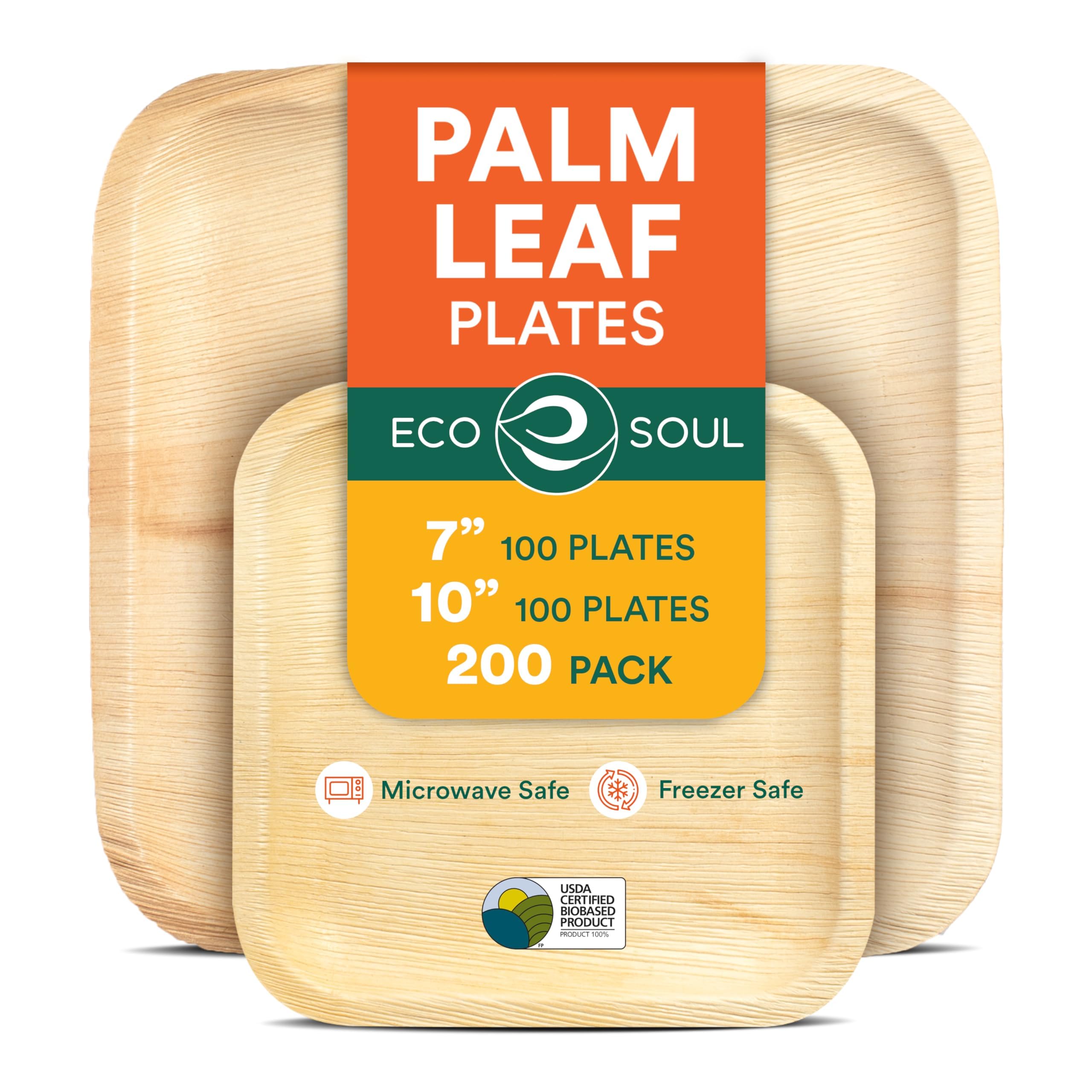 ECO SOUL Palm Leaf Square Plates 7" & 10" (200 Count) Compostable|Biodegradable| Eco-Friendly Disposable Party Plates for Appetizers - Dinner Parties,