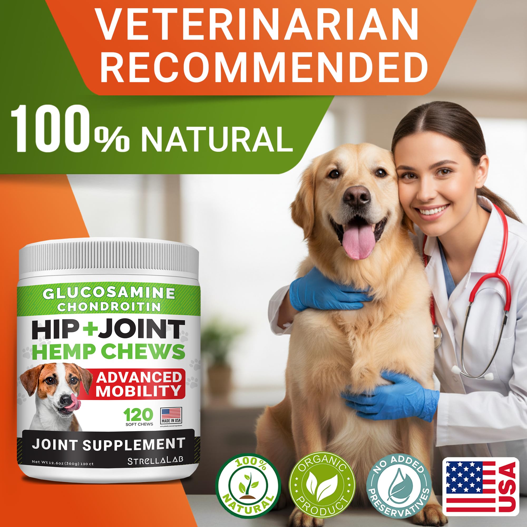 STRELLALAB Hemp Chews for Dogs - Hip & Joint Supplement with Glucosamine - Joint Pain Relief Treats - Omega 3, Chondroitin, MSM - Advanced Mobility Support - Chicken Flavor - 120 Ct - Made in USA - image 7