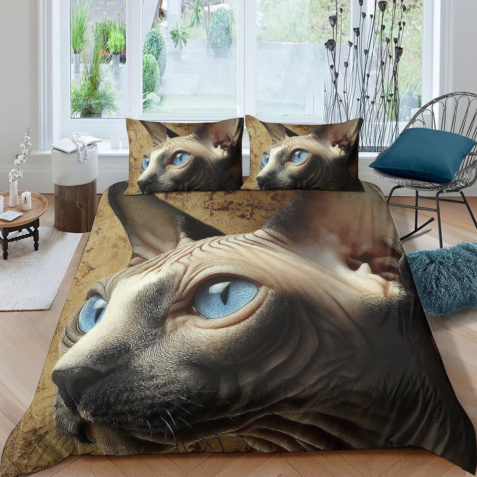 Ctjqhvkz Style-9 3D Printed Sphynx Cat Fitted Sheet Microfiber Soft Breathable Blue Eyes Mattress Cover For Bedroom Dorm Decor Single（135X200cm）