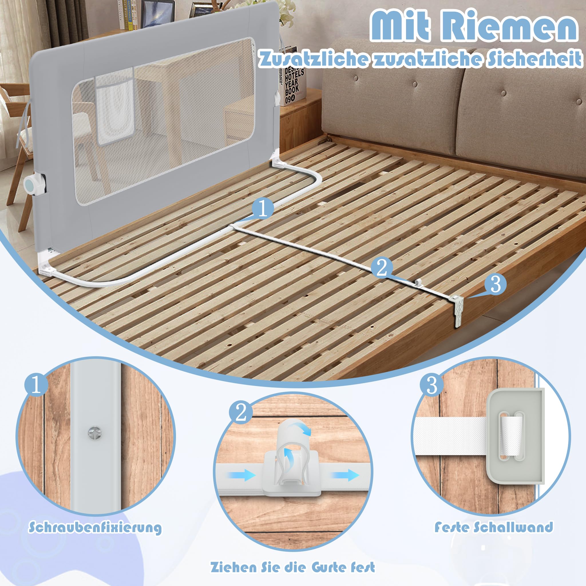 FIVMEN Griglia di protezione per letto da 180 cm, regolabile in altezza, per bambini, pieghevole, a 180 gradi, per lettino, letto dei genitori, grigio