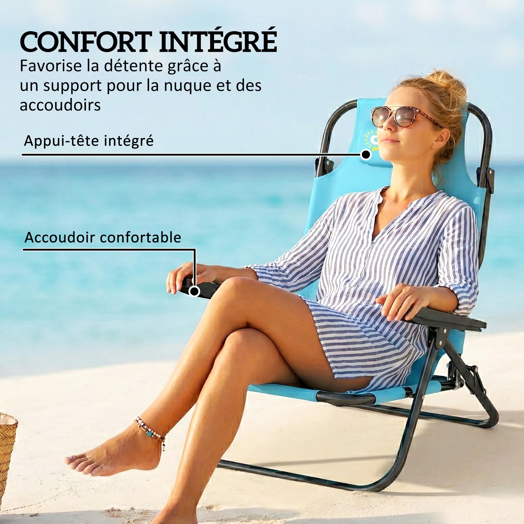 Outsunny Lot de 2 Chaises de Plage Pliable, Chaise Camping Pliante à 5 Positions avec Dossier, Appui-tête et Accoudoirs, pour Jardin Pique-Nique Festival Voyage, Bleu Clair