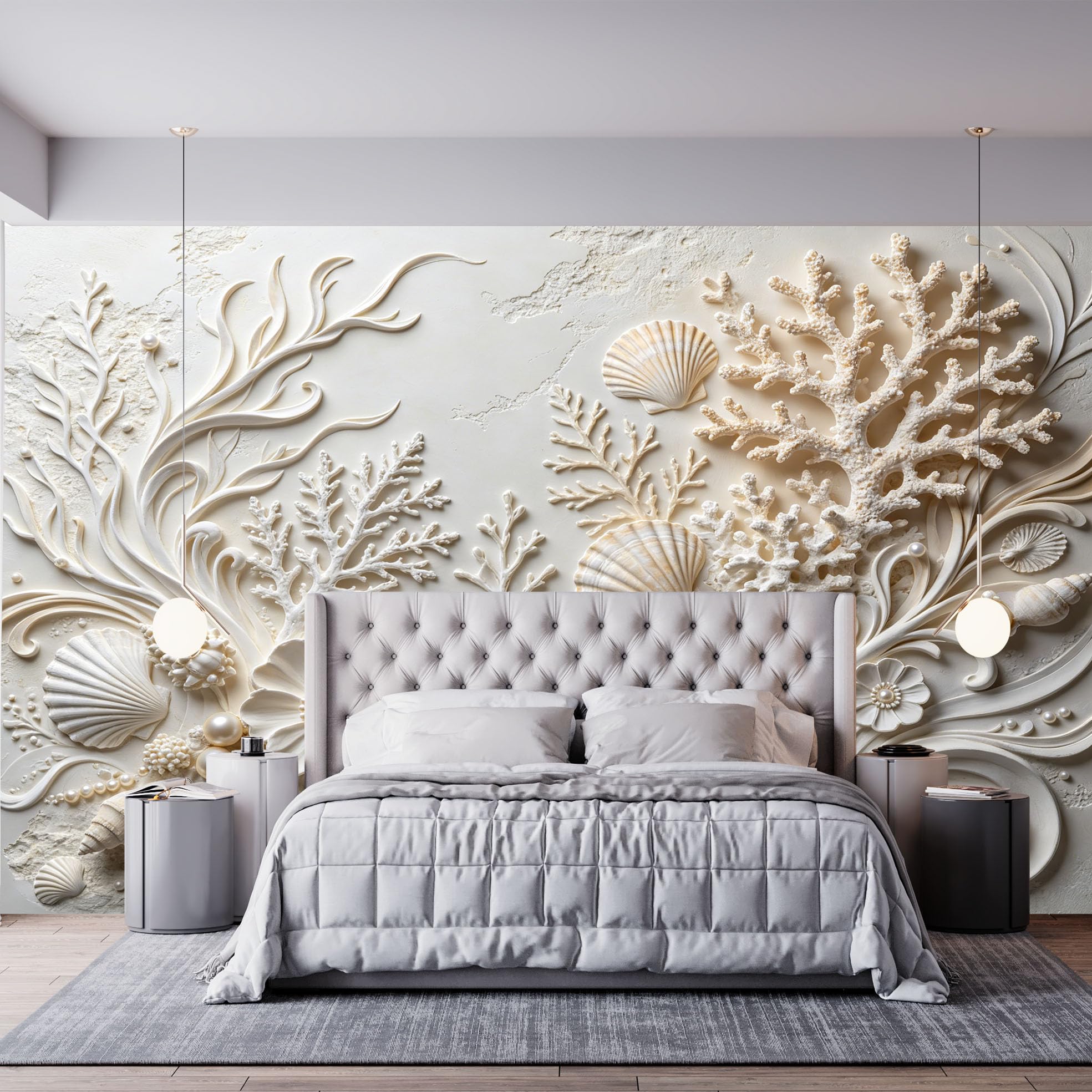 Fototapeta 3D z muszlą koral i perła ocean koral tekstura tapeta z włókniny luksusowy styl wybrzeża sztuka fototapeta 350 x 256 cm kremowa biała tapeta ścienna do salonu sypialni akcent ściana ocean