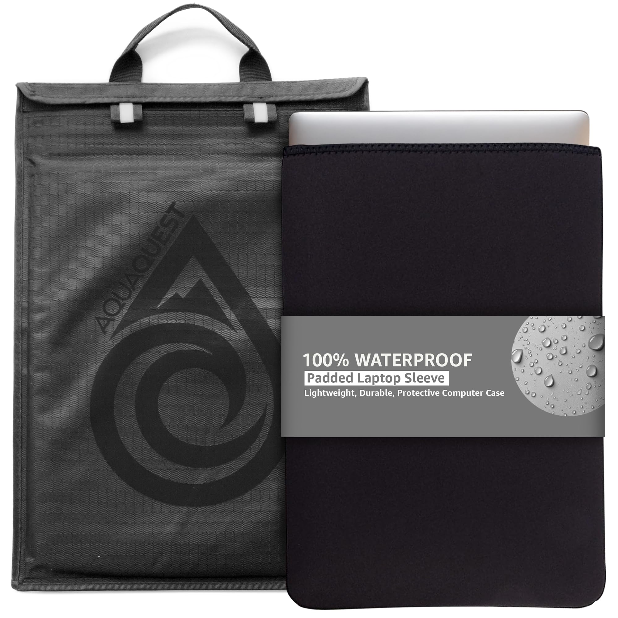 AquaQuest Storm 100% Waterproof Laptop Sleeve – Lightweight Ripstop Nylon Case, Welded Seams and Removable 5 mm Neoprene Liner – 15 in – Black – Fits